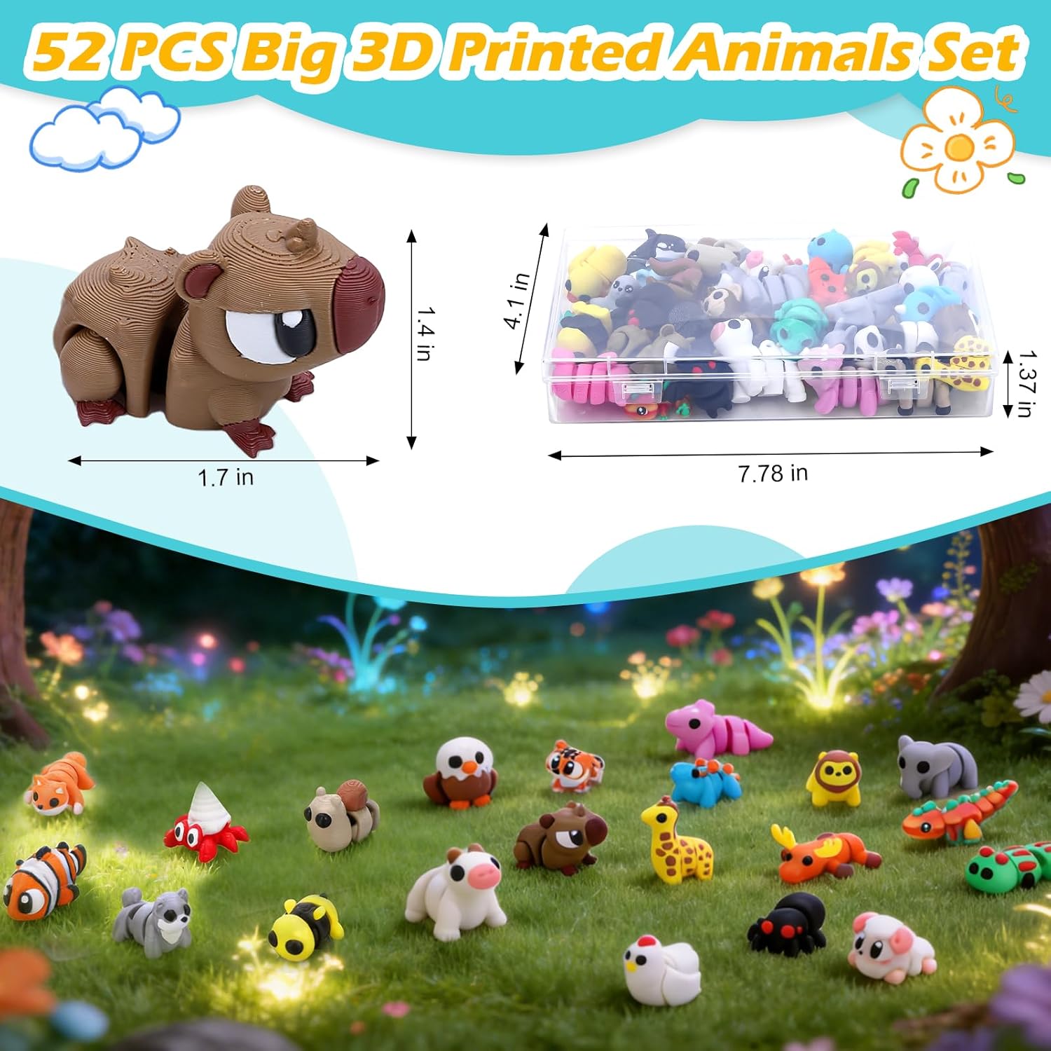 52 PCS 3D Printed Animals Set, Articulated 3D Printed Fidget Animal Toys for Kids Students Classroom Rewards,Party Favors, Easter Christmas Goodie Bag Stuffers, Desk Decor