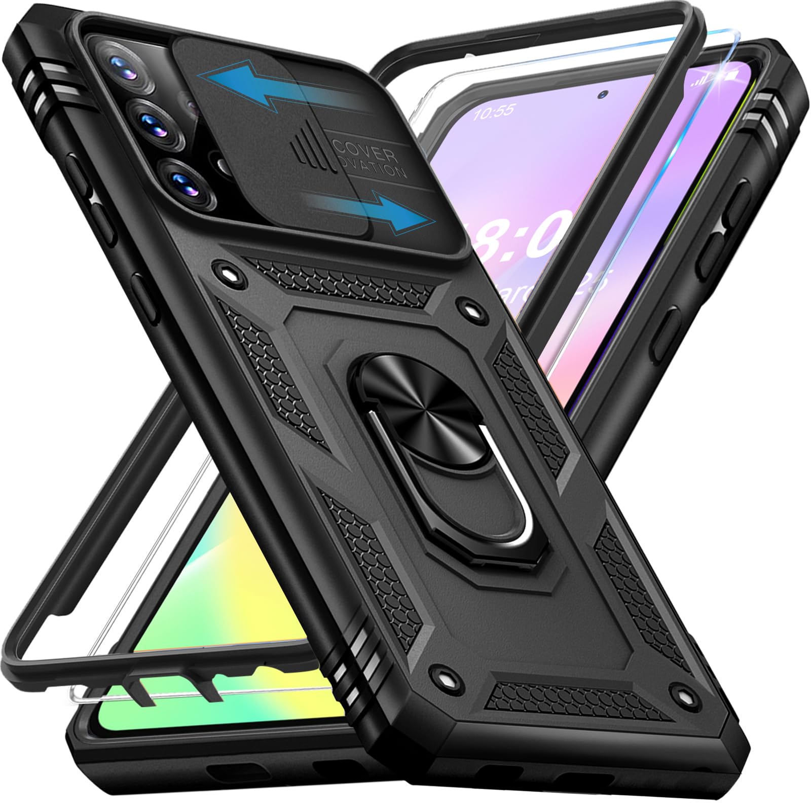 Giyer Handyhülle für Samsung Galaxy A53 5G Hülle mit Displayschutzfolie aus gehärtetem Glas, Galaxy A53 5G Schutzhülle mit Kameraschutz, 360° drehbarer Metallringständer, stoßfester Bumper A53 5G 6,5