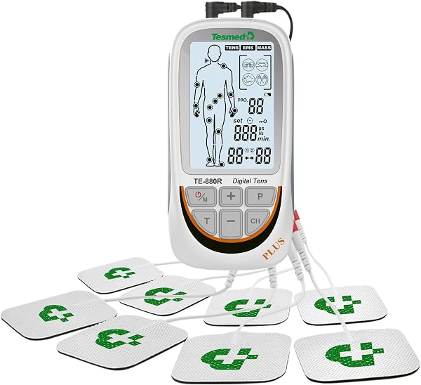 TESMED TE-880R Plus TENS EMS Gerät: Wiederaufladbarer Muskelelektrostimulator, Reizstromgerät mit TENS Gerät Schmerztherapie, EMS & Massagefunktion, 73 Programme (2 anpassbar), 8 Elektroden - 1