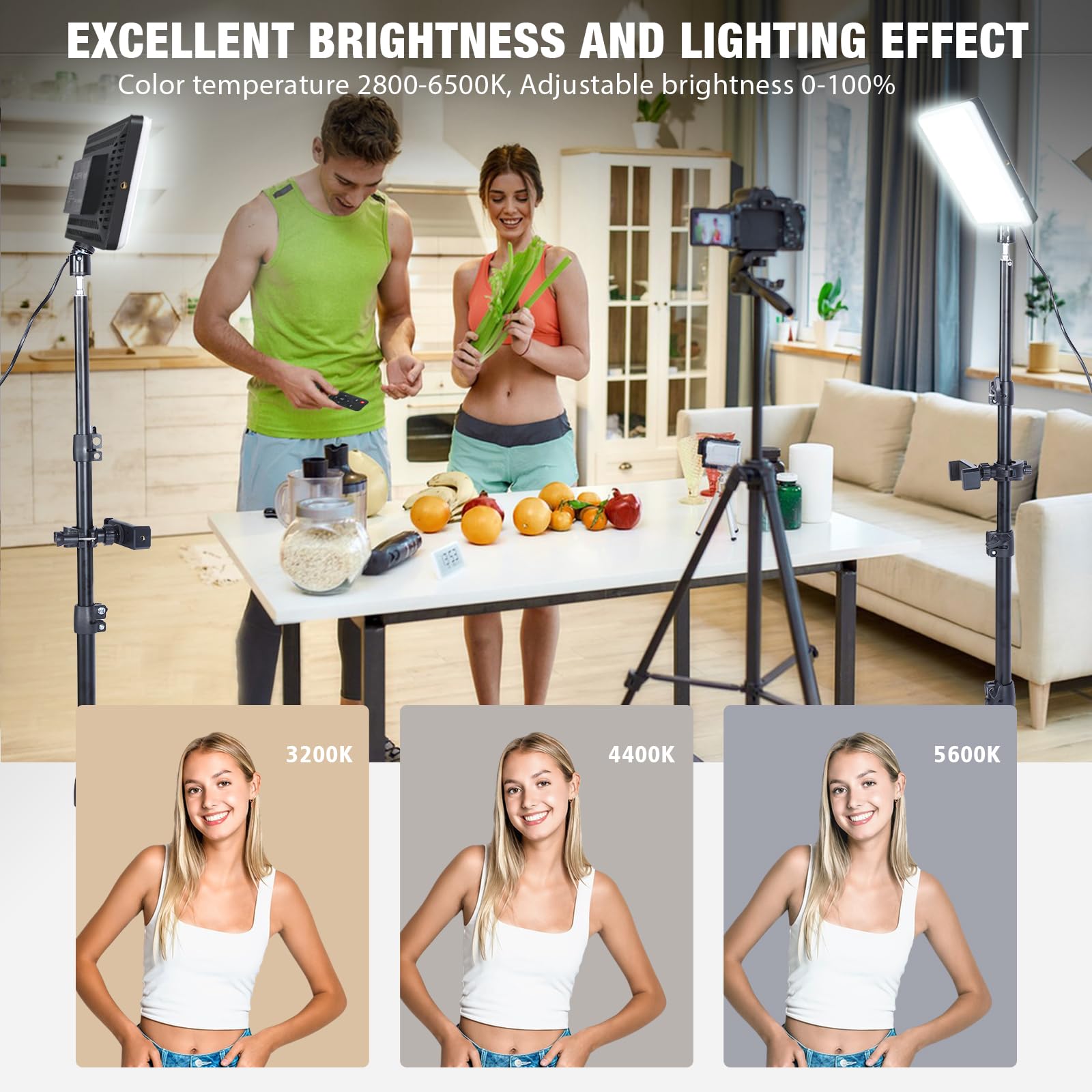 LOMTAP LED-Videoleuchte 32 W 2.0 m 2800-6500K Fotografie Video Licht Kit LED Lichtpanel mit Stativ Ständer & Telefonhalter für YouTube Videoaufnahmen, Live-Stream, Make-up, Fotografie