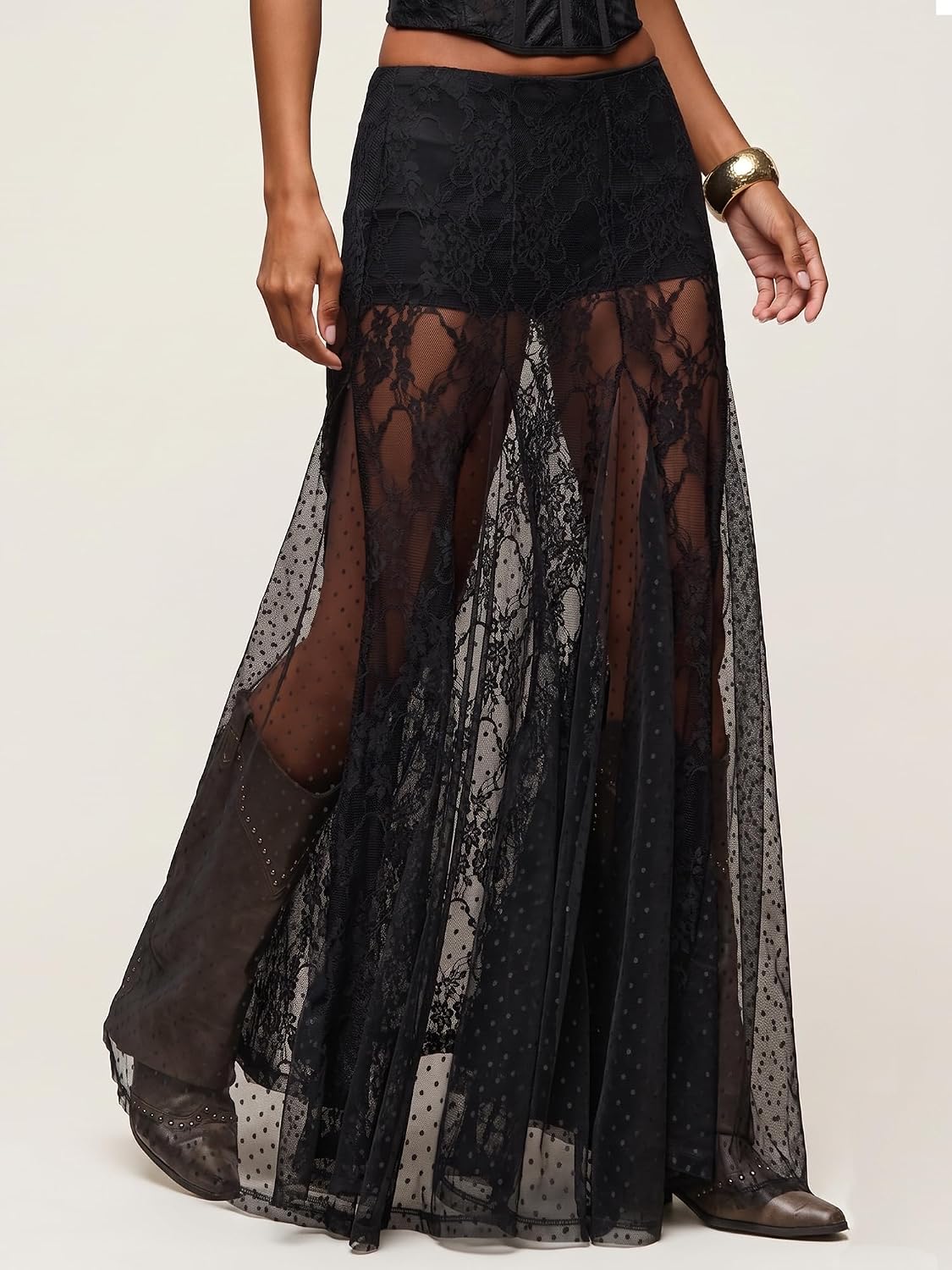 ELLEVEN Women's Lace Sheer Maxi Skirt, High Waisted A-Line Sexy Flowy Skirt with Built-in Shorts