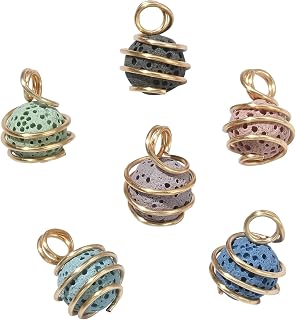 LiQunSweet 50 Pcs Random Natural Lava Rock Stone Spiral Holder Beads Cage Charms LightGolden Wire Wrapped Charm for Perfume Essential Jewelry Making