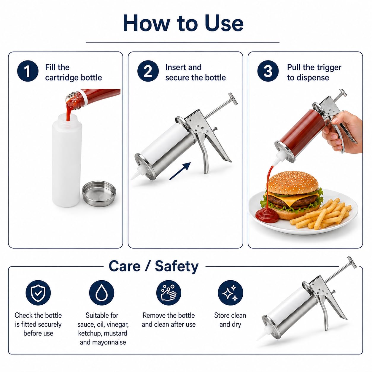 Pistola manuale per salsa in acciaio inox con cartuccia ricaricabile