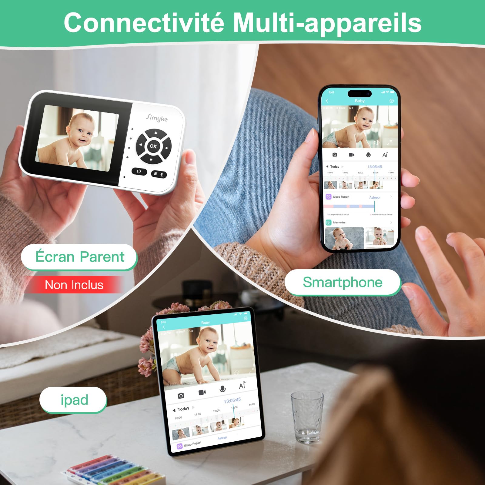 Simyke Babyphone, Caméra Bébé WiFi 1080p, contrôle app, Vision Nocturne, Notifications en Temps réel, Lecture vidéo avec Stockage Cloud ou Carte SD, Capture Automatique et Alerte de sécurité