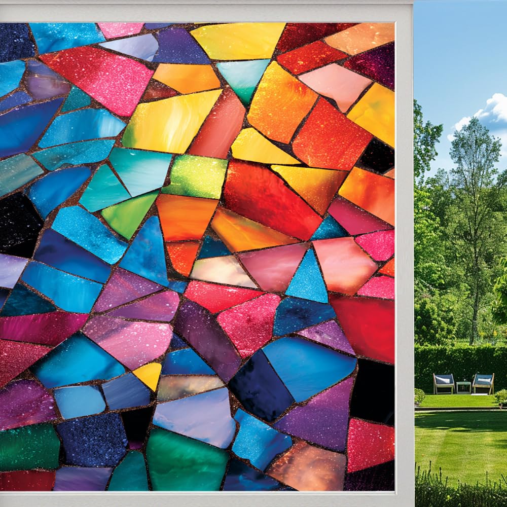 Pmlbaous Abstract Texture Frosted Window Film, Colorful Geometric Color Blocks Stained Glass Privacy Film, Heat Insulation Self-Adhesive Vinyl For Bathroom Office, （80X140cm）