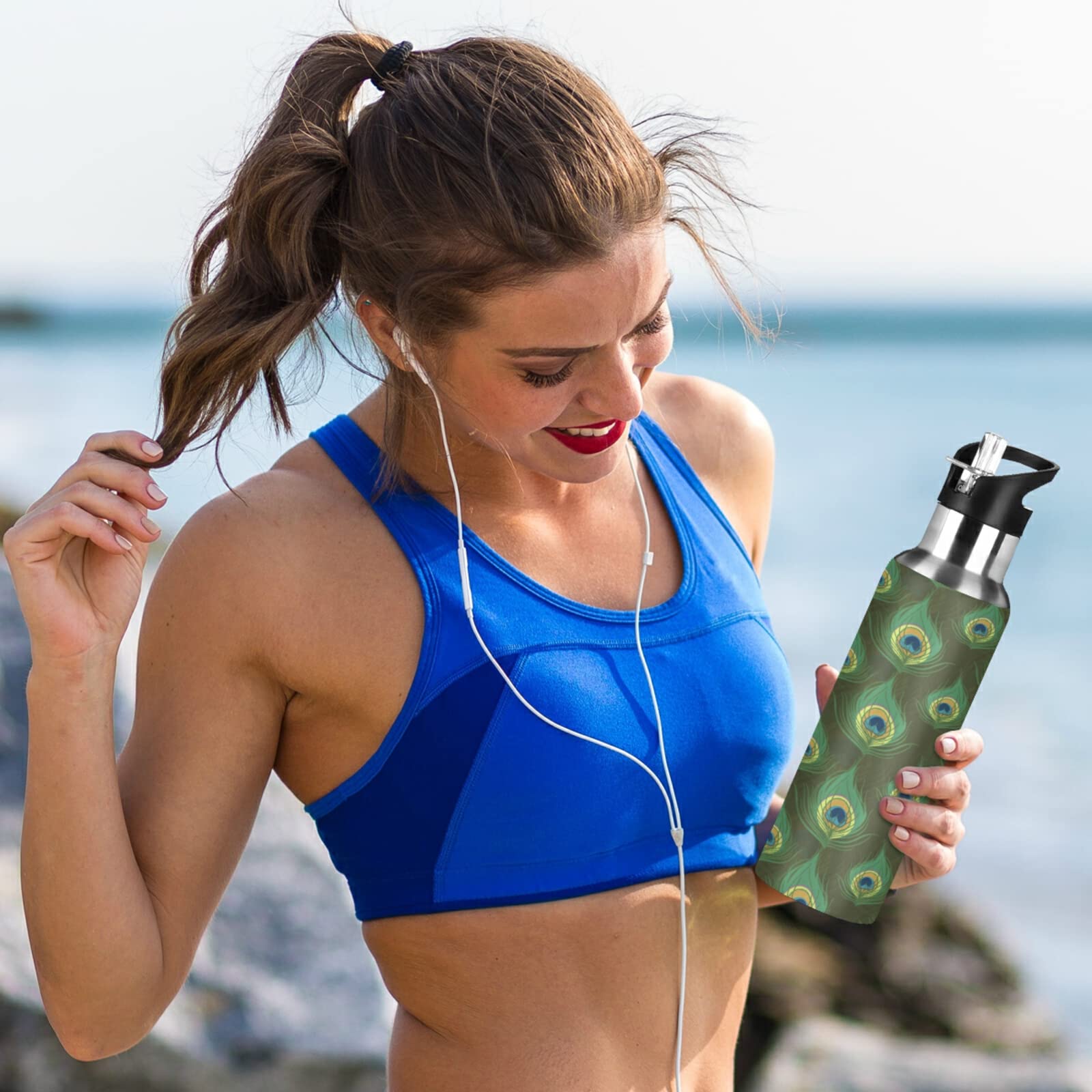 Vnurnrn Pfauenfeder Trinkflasche 600 Ml - Vakuumisoliert Aus Edelstahl 18/8, Mit Strohhalm, BPA-frei, Für Sport, Schule, Wandern