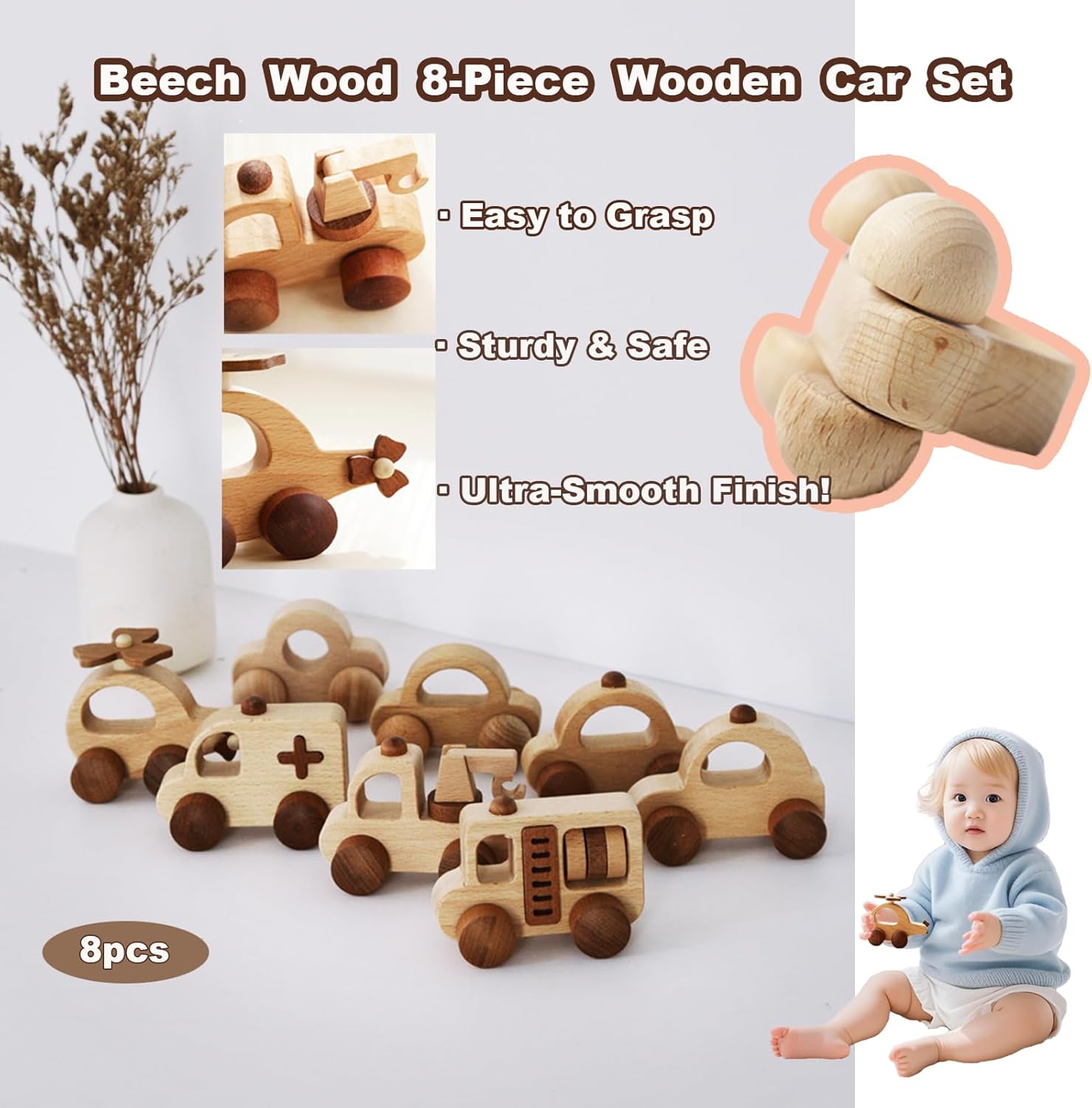 8PCS Wooden Toy Cars Set - Montessori Baby Toys for 1-3 Years, Wooden Cars for Toddlers, 1 Year Old Boy Gifts, Eco-Friendly Birthday Gifts for 1 Year Old Boy Girl - Image 5