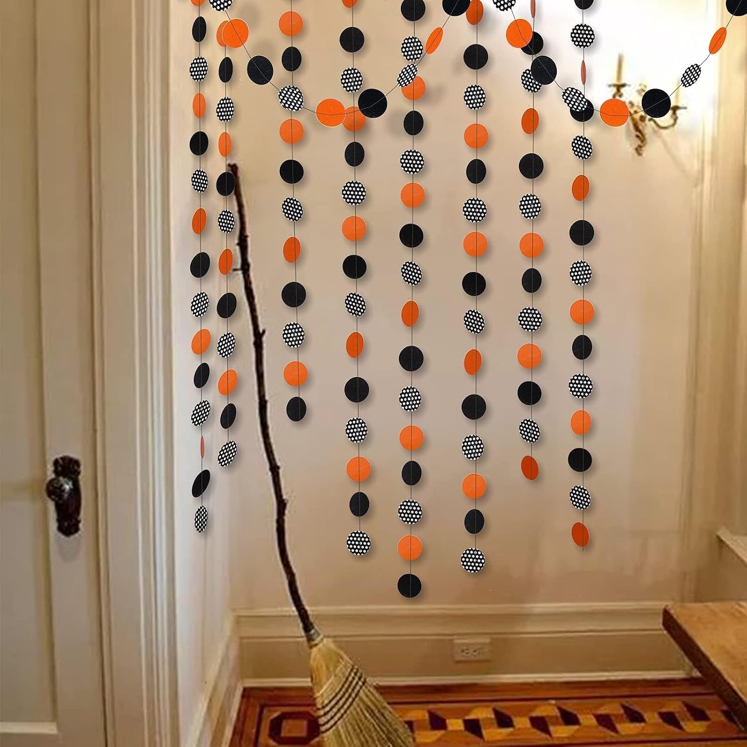 Cheerland Orange Halloween Garland Halloween Party Decorations Polka Dot Circle Streamers Banner Cute Spooky Birthday Party Themed Decor Kids Adult Fall Orange and Black Office Classroom Backdrop 52Ft