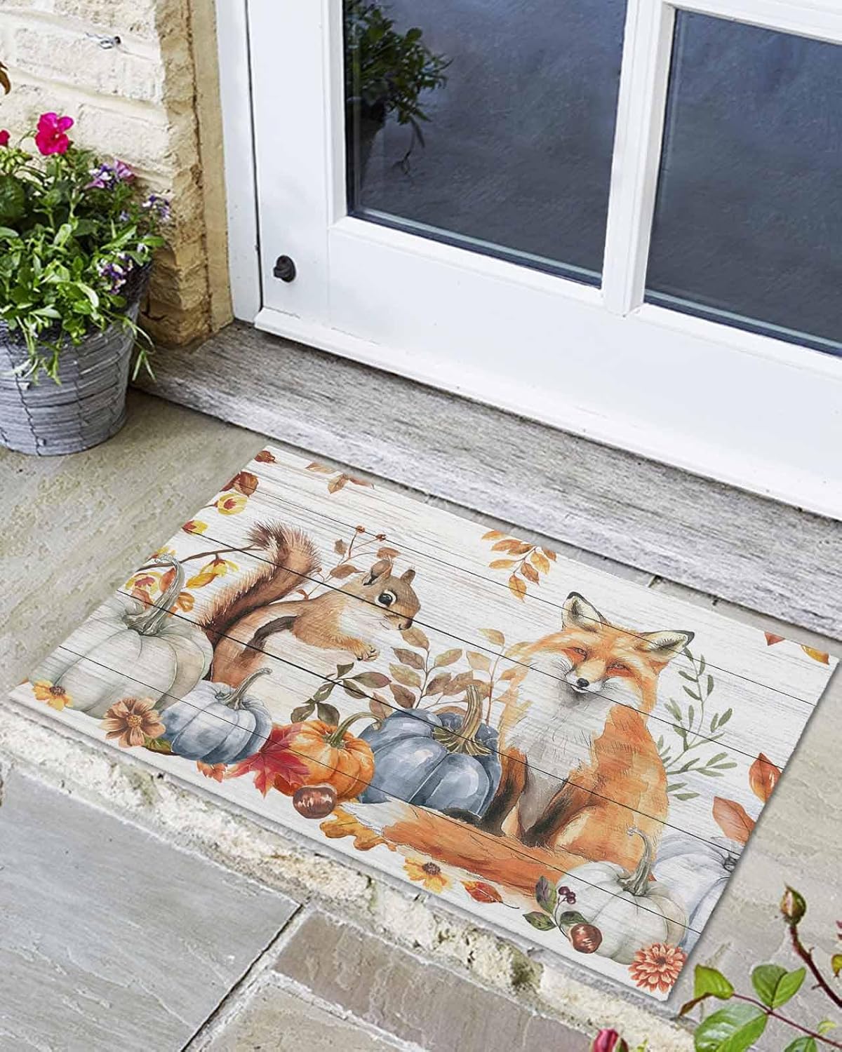 Fall Front Door Mat Outside Entrance, Thanksgiving Day Outdoor Indoor Low Profile Door Mats for Entryway, Funny Autumn Maple Leaves Pumpkin Squirrel Fox Welcome Mat Entry Doormats