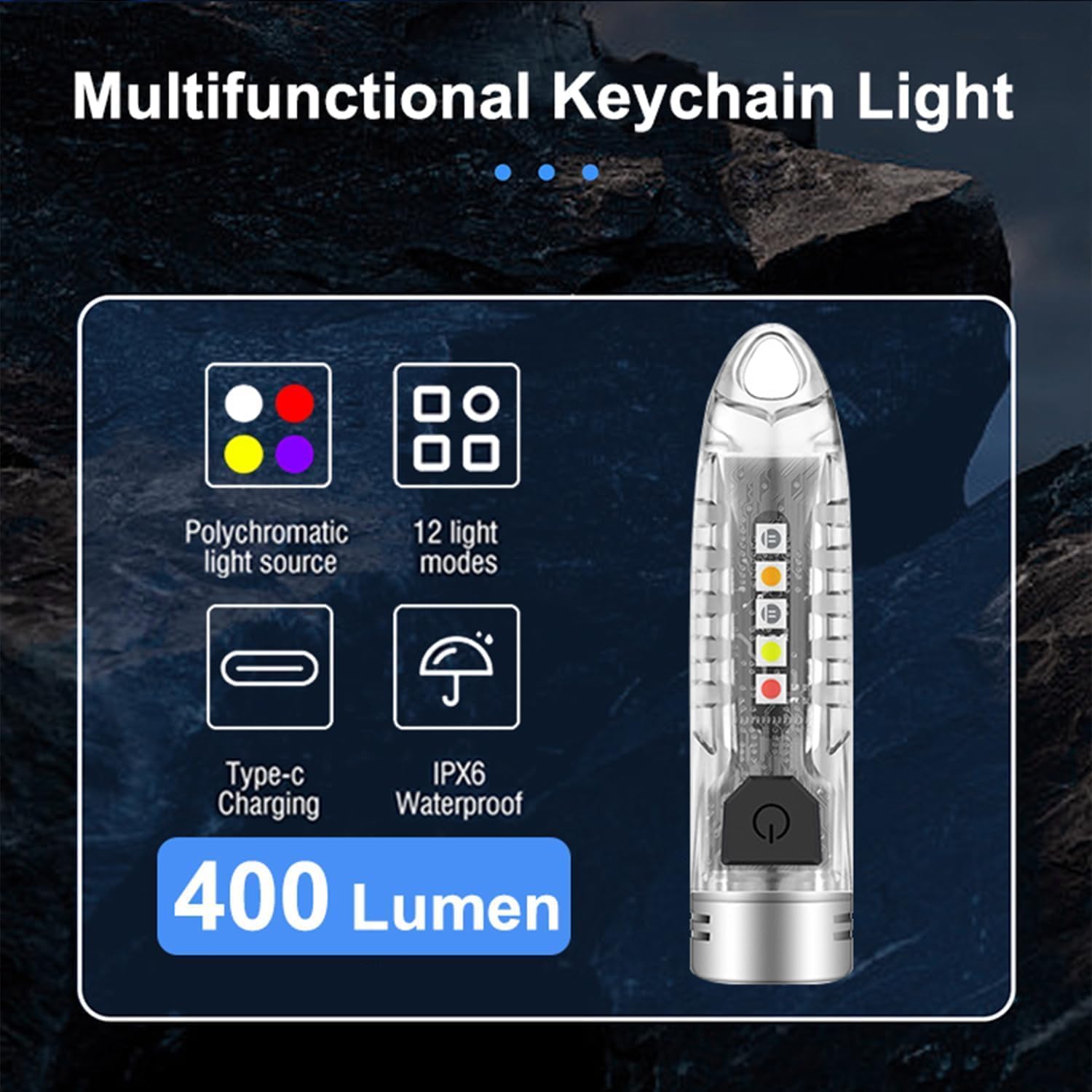 V1 Mini Keychain LED Flashlight, 400 LM Powerful 12 Modes with UV Red Blue Yellow Side Light, Rechargeable Emergency EDC Pocket Light for Daily Use, Outdoor