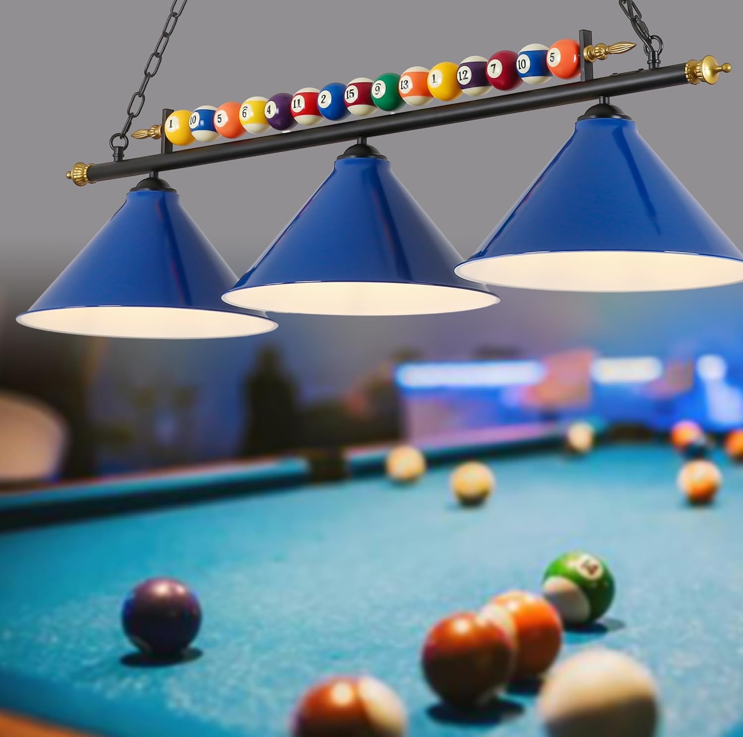 Pool Table Light, 47" Pool Table Lights Lighting Fixture for 7' 8' Pool Table ,Pool Table Lights Hanging Over Pool Table,Real Billiard Ball with 3 Metal Lamp Shades for Game Room Pool Table Billiards