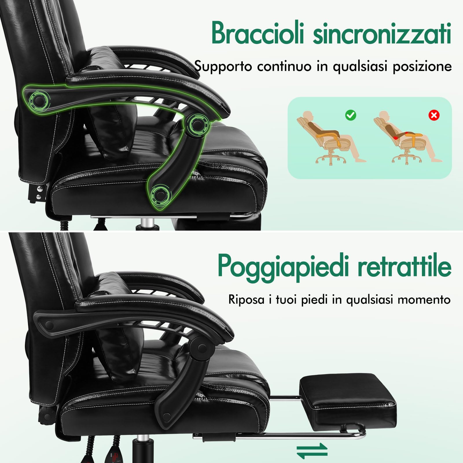 Sedia Ufficio Ergonomica ALFORDSON Con Massaggio 8 Punti E Riscaldamento - Pelle PU Nero, Supporto 180 Kg