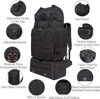 Hiking Backpack, 80L Molle Military Tactical Rucksack, Camping Backpack with Shoe Compartment, Lightweight Rucksack for Men, Water Resistant Travel Backpack Survival Bag Hiking Bag (Black)