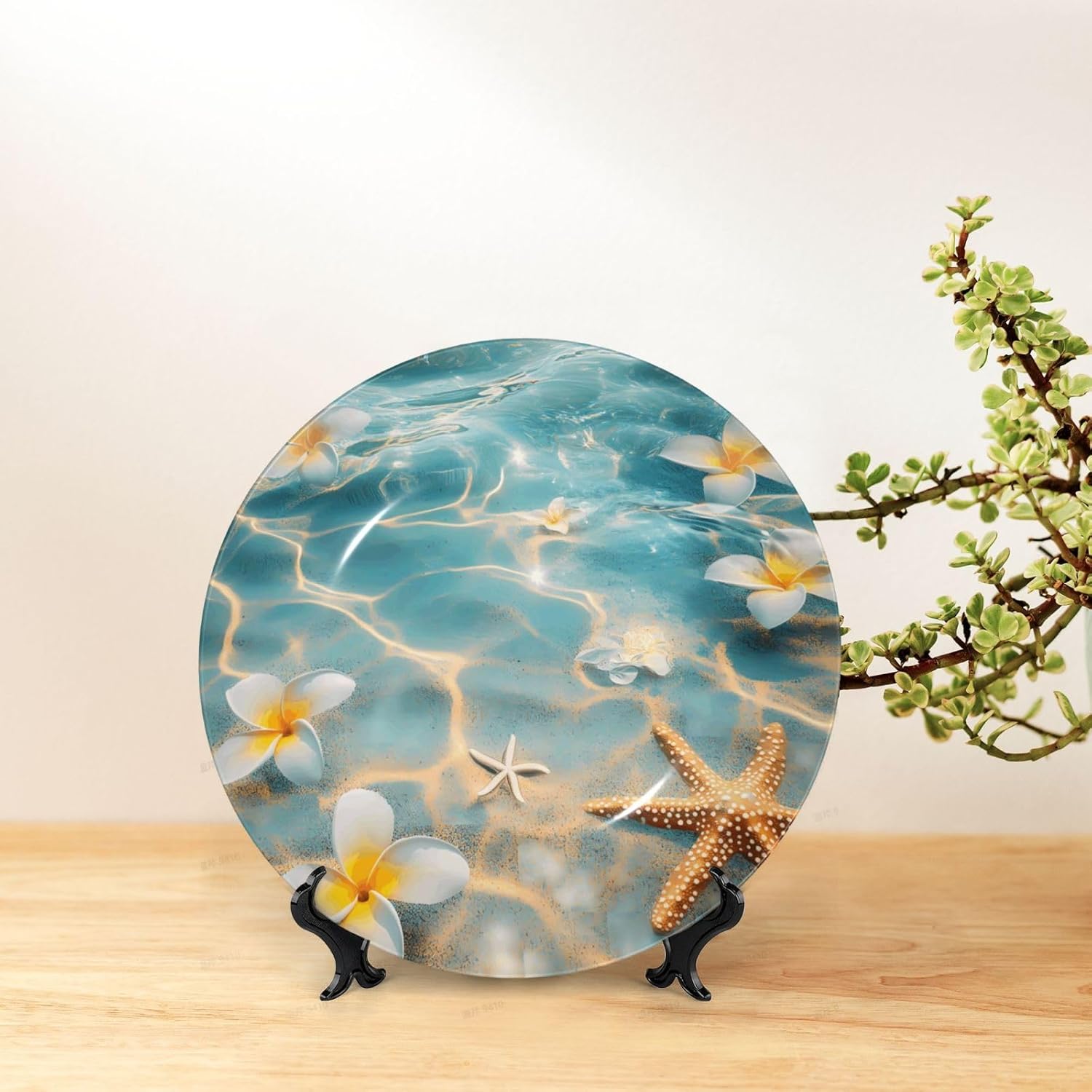 Ocean Starfish Fish Flowers Style Ceramic Plate Display Home Display With Stand Wall Hanging Plate For Home Decor 10 Inch