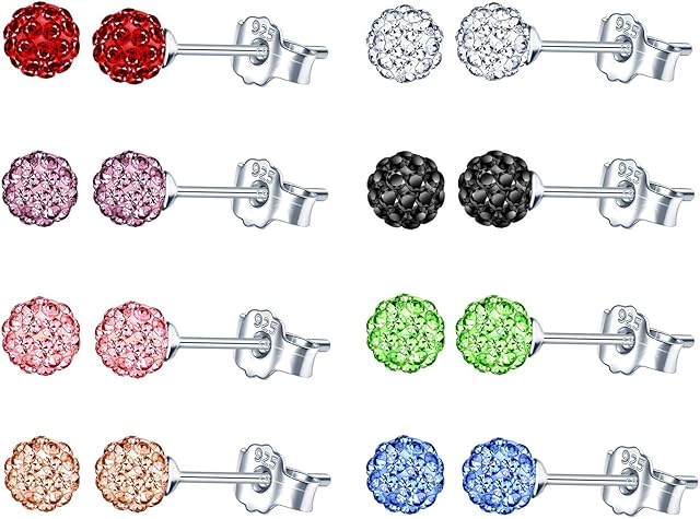 8 Pairs Women Silver Earrings Brilliant Crystal Disco Ball Studs Set