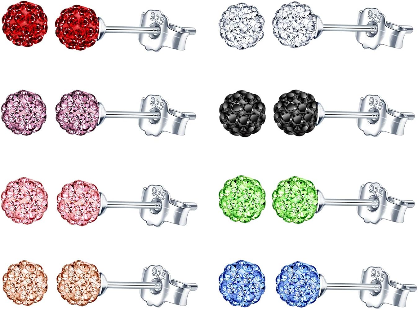 4 Paires De Boucles D'oreilles Boule Disco - Argent 925, Strass Blanc/noir/rose/bleu - Diamètre 6 Mm / 8 Mm - Pour Femmes Et Filles - Pochette Incluse