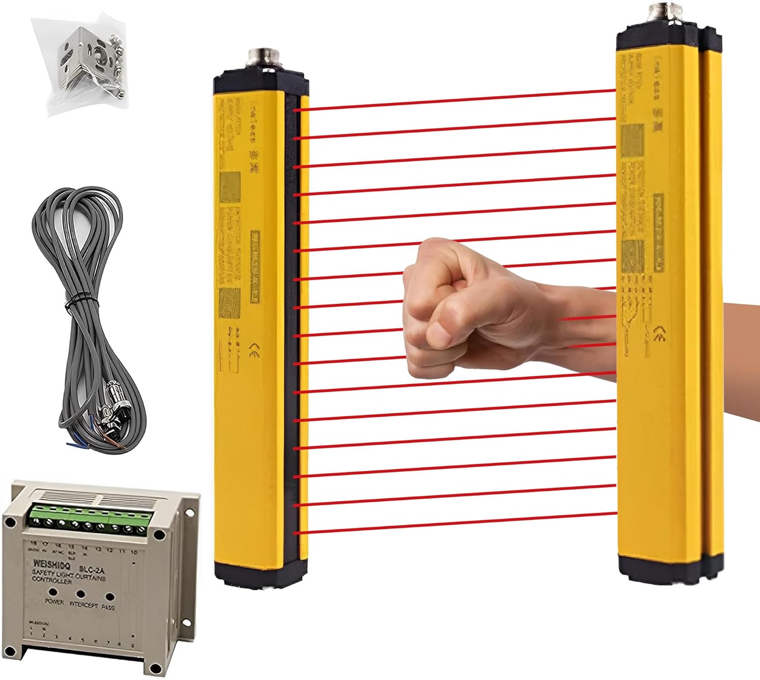 CGOLDENWALL Safety Light Curtain Sensor Light Screen Sensor Infrared Radiation Detector Safety Grating Punch Protector Hand Protection (Beams: 16, Beam Pitch: 40mm)