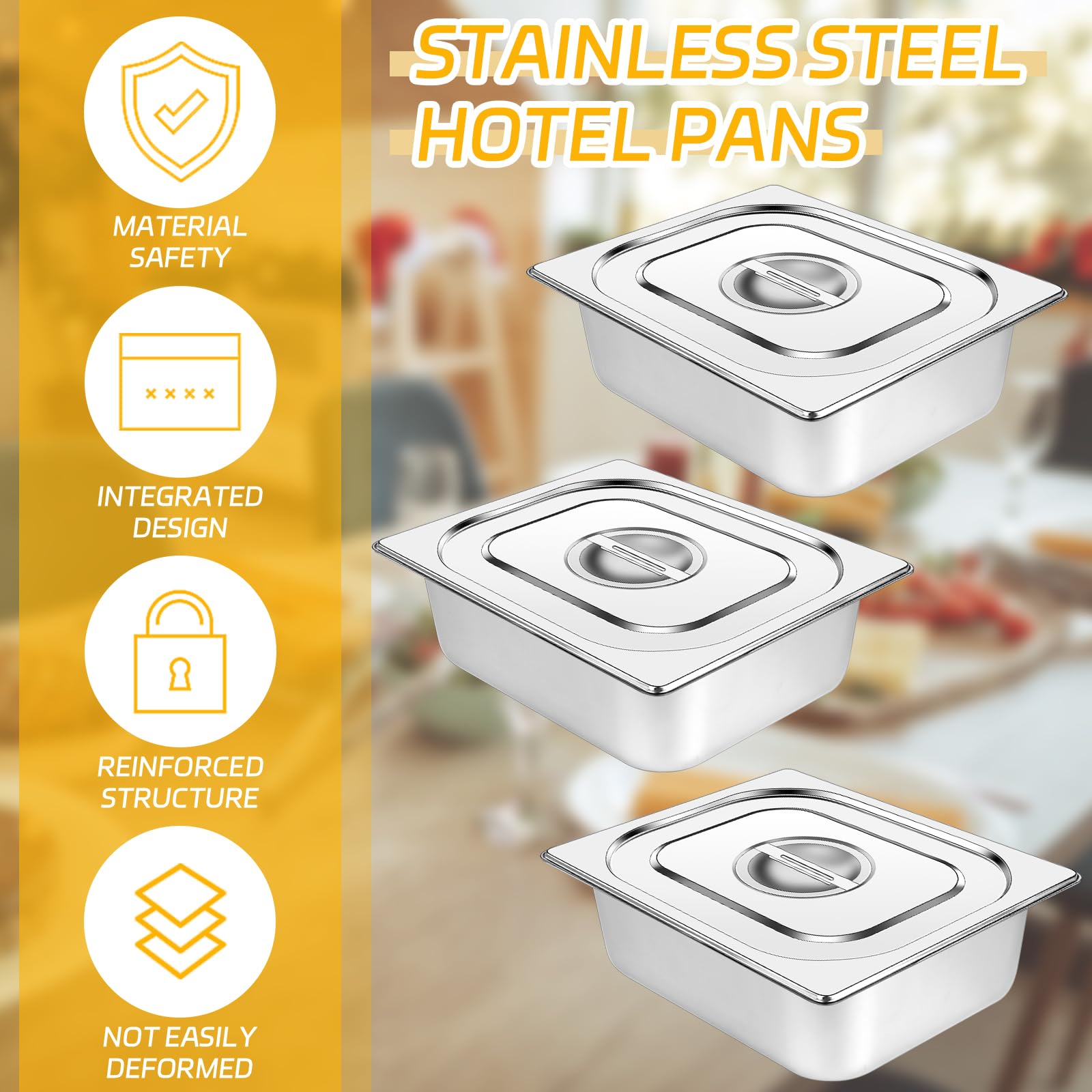 Set di 3 contenitori Gastronorm in acciaio inox, 1/2, profondità 100, 240, 300 mm, con coperchio, 3,5 l, in acciaio inox, set di utensili da portata per catering (profondità 100 mm con