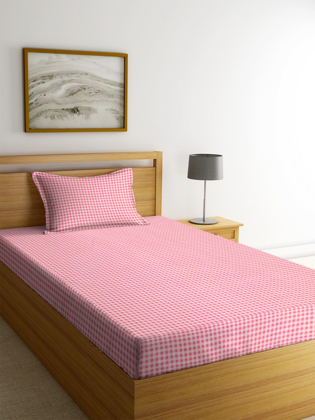 NHD HOME Pure Cotton TC - 210 Flat Single Bedsheets for Summer Breathable | Wrinklefree (Size- 60 x 90 Inch) with 1 Pillow Covers (Size-17 x 27 Inches, Small Checks, Pink)-image-28