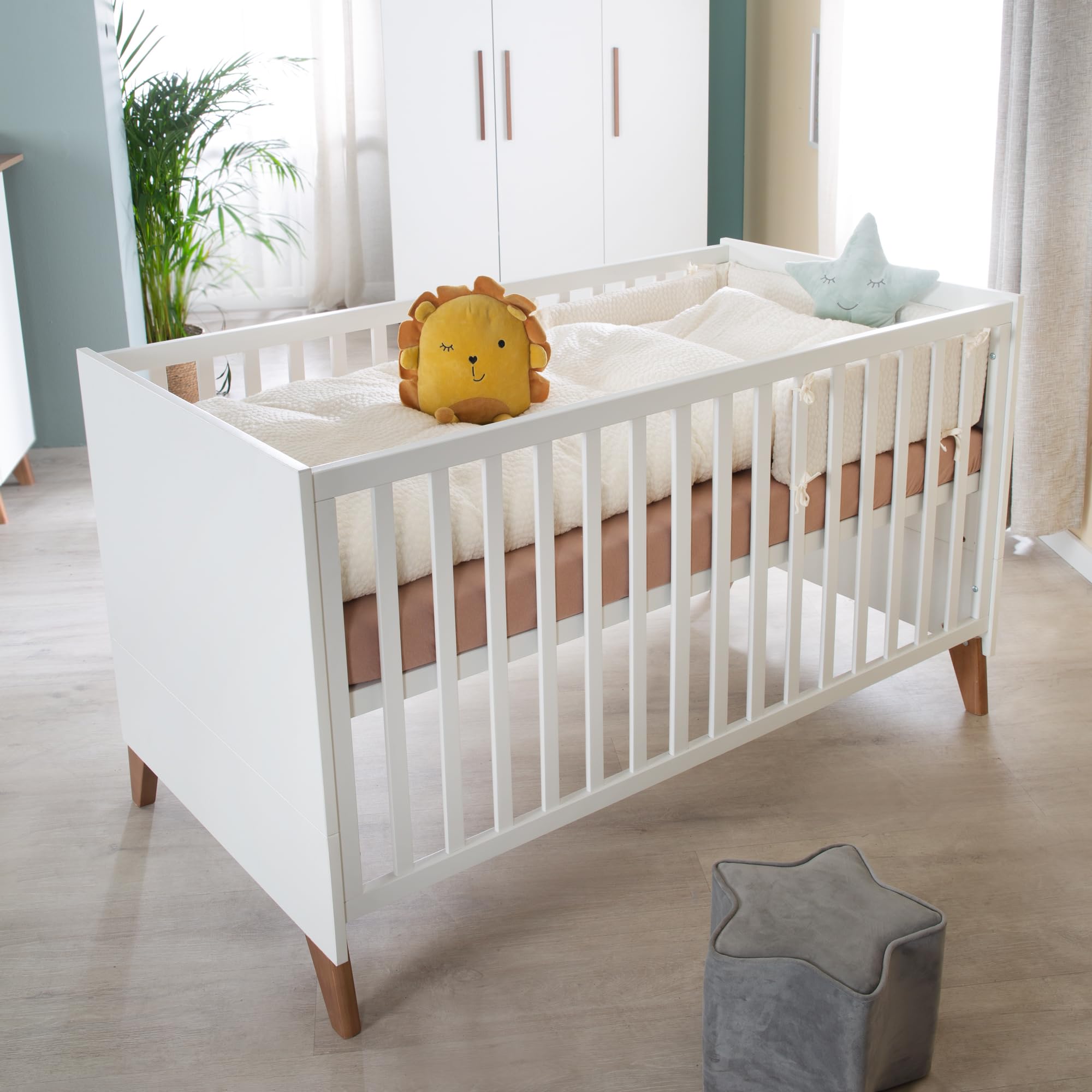 roba Set per cameretta bambini 3 pezzi Lettino 70x140 cm convertibile fasciatoio 3 cassetti armadio bambini Maniglie piedi legno massello Bianco rovere scuro