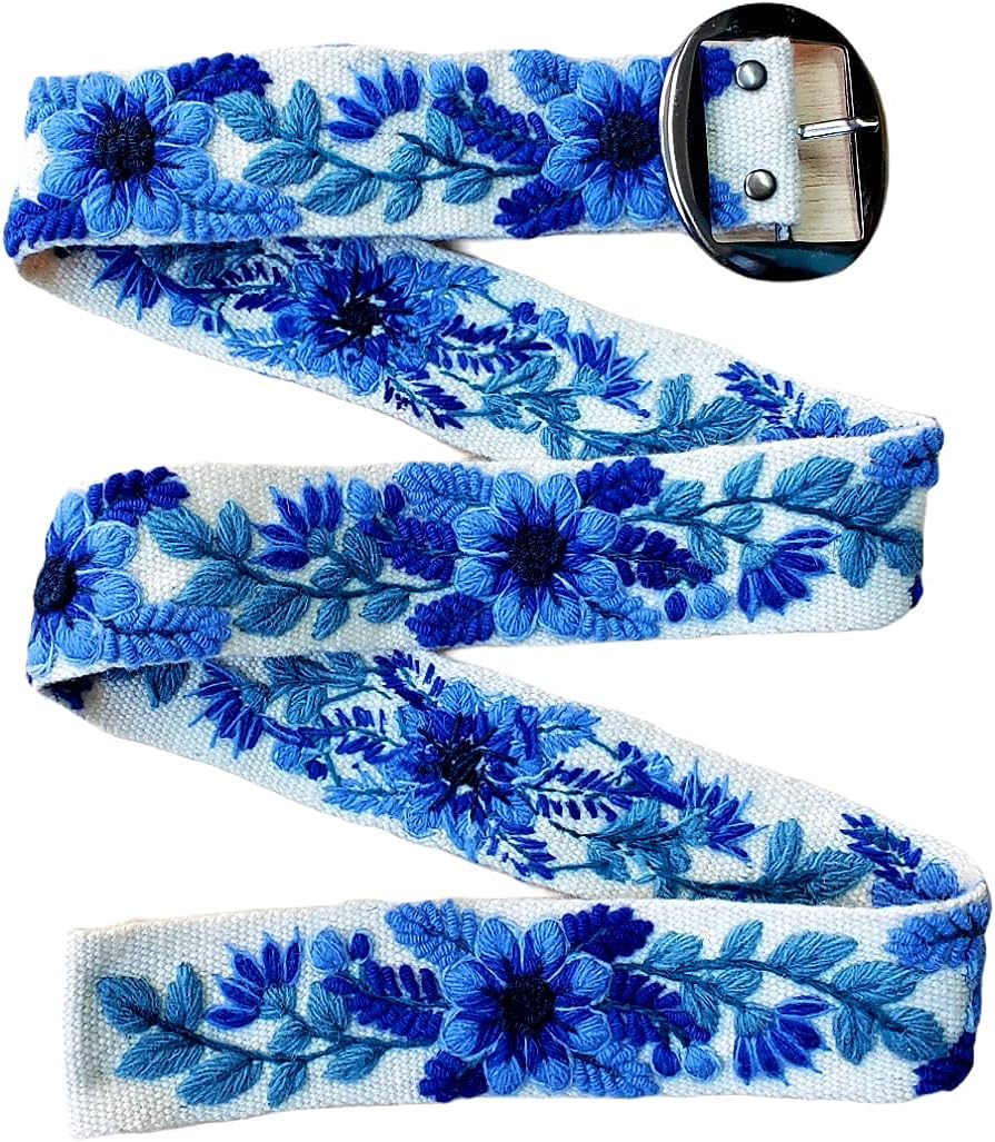 Ivory belt with electric blue flowers, handmade embroidered with natural wool in Peru, artistic floral design, woman gift, XS - 3XL