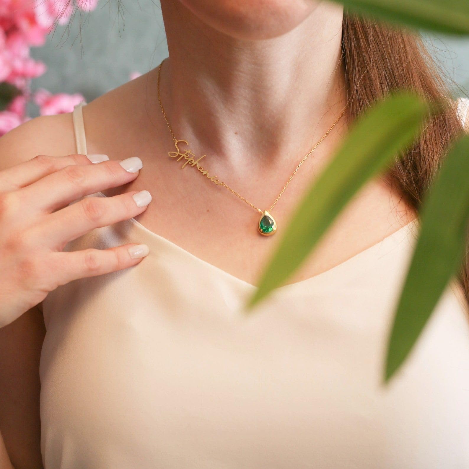 Smeraldo collana con pietra portafortuna personalizzato nome maggio compleanno gioiello