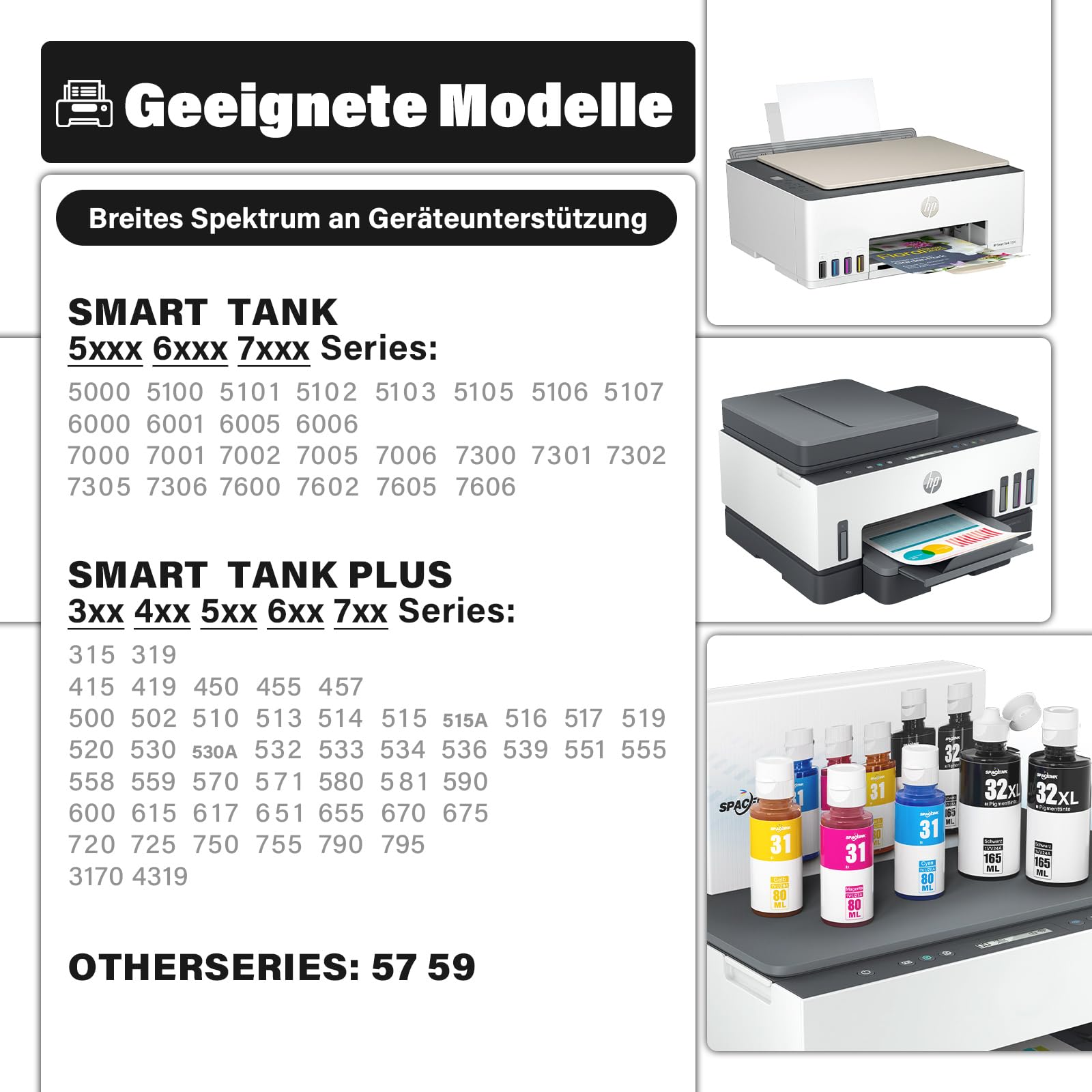 Encre 31 32XL compatible avec HP Smart Tank Plus 555, encre 31 32 XL pour Smart Tank 5105 5106 5107 5108 7005 7006 7605 7305 7306 455 515 519 530 530 5 58 x 55 cm Imprimantes 9 570 655 670 750 790