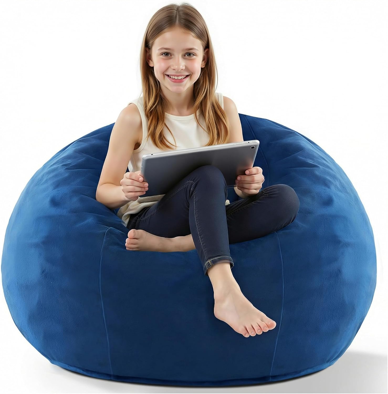 HABUTWAY 2FT Bean Bag Chair, 2' Beanbags Small Bean Bag Chairs with Filling, Teardrop Bean Bag Chair Luxurious Velvet Ultra Soft Fur with Removable Cover,Blue