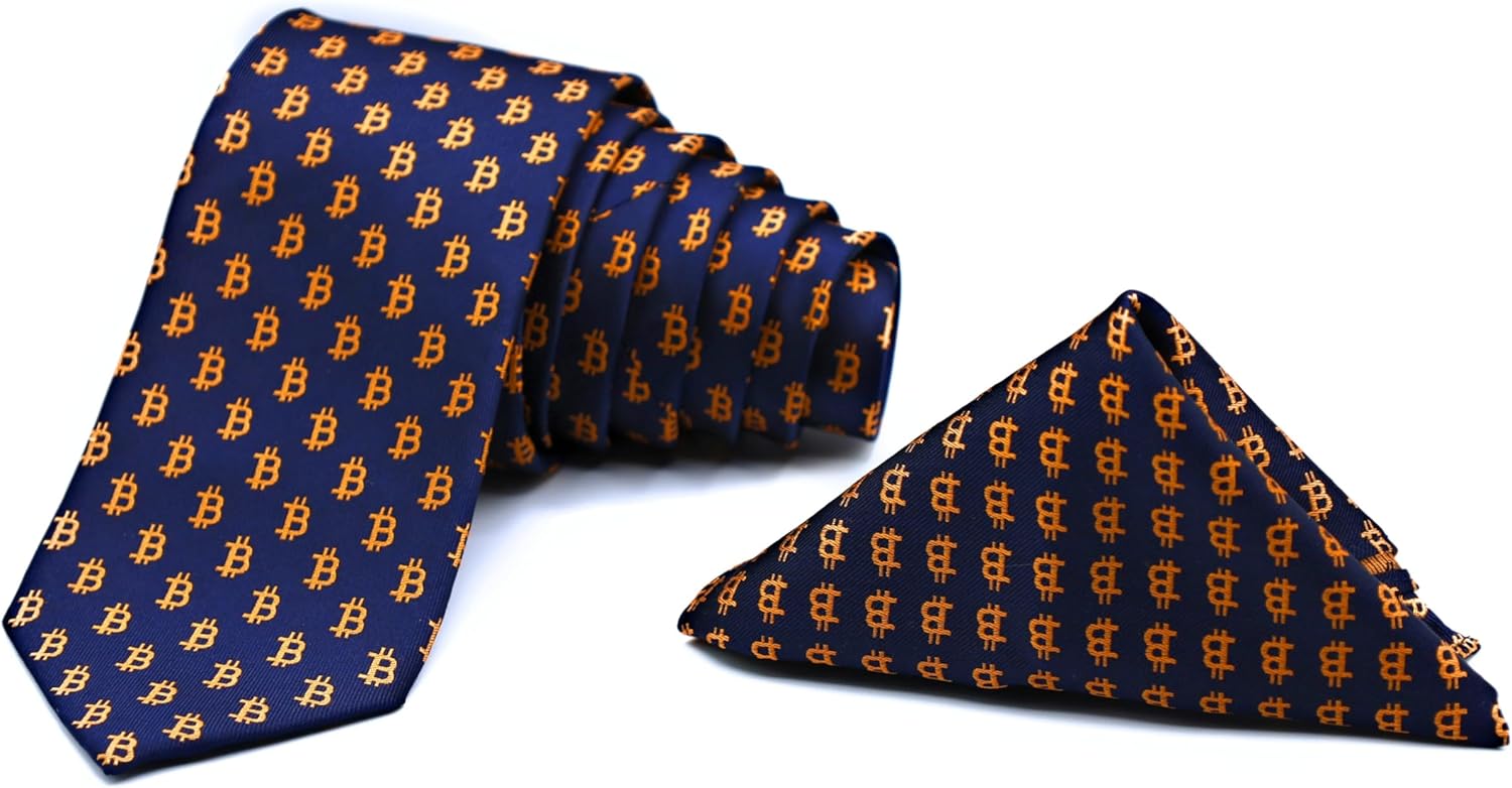 Bitcoin Men's Silk Tie and Pocket Square Combo, Men's Tie and Handkerchief Woven Silk Bitcoin pattern - Image 3