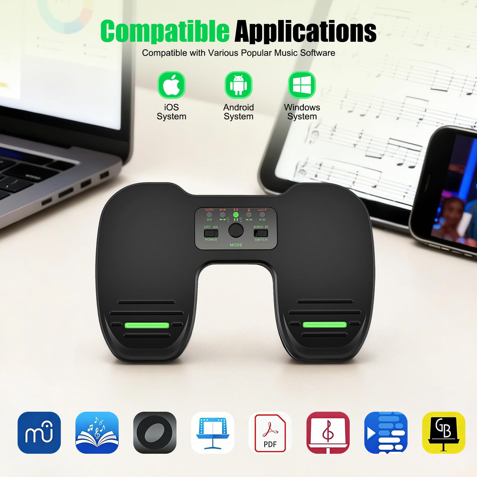 Bluetooth Page Turner Pedal, Girador de Página Inalámbrico, Teléfonos Inteligentes y Tabletas Recargable Pedales Musicales, Interruptor de Pie Recargable Compatible con Tabletas, Android e iOS