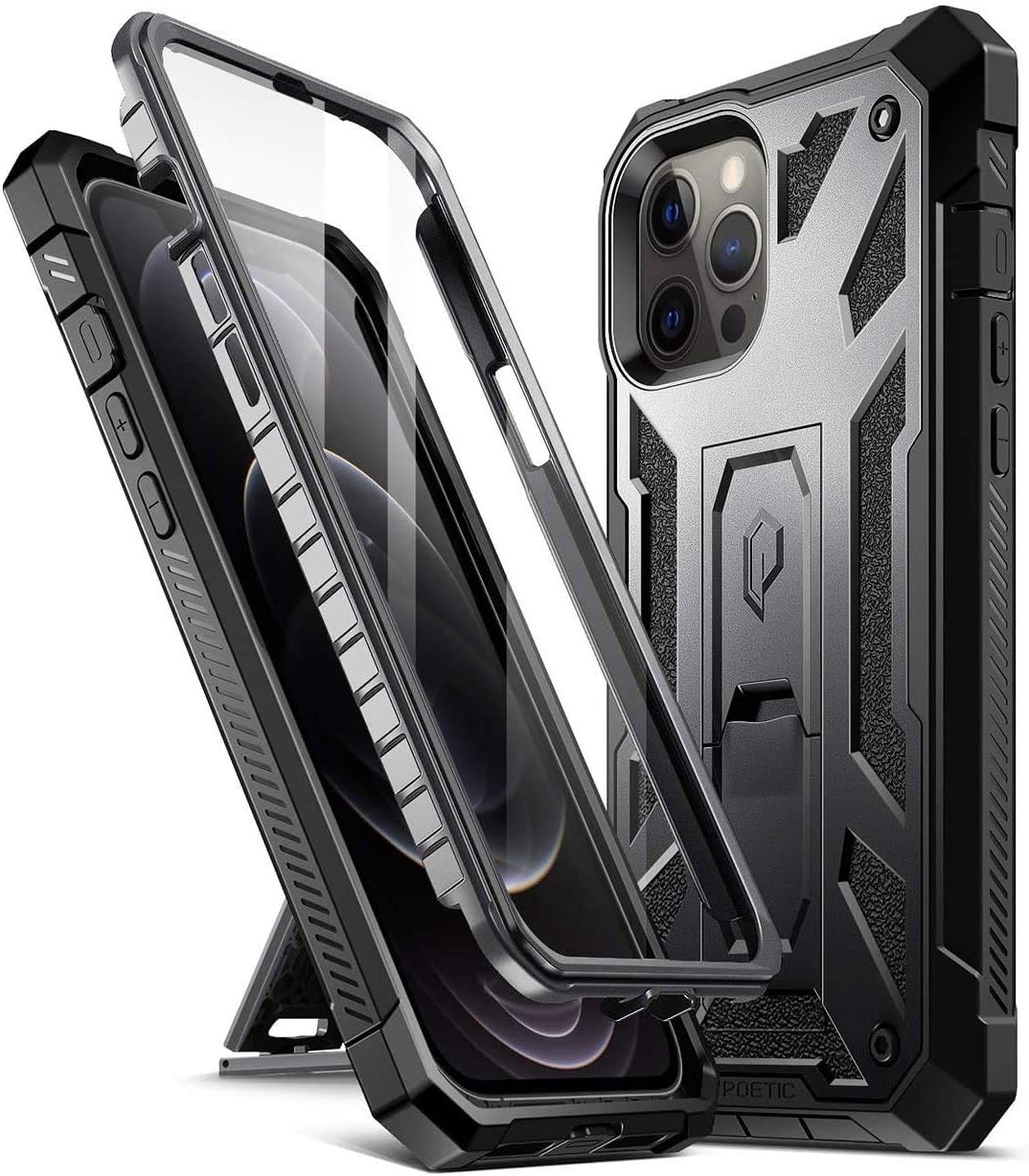 Poetic Spartan Series for iPhone 12 Pro Max 6.7 inch Case, Full-Body Rugged Dual-Layer Metallic Color Accent with Premium Leather texture Shockproof Protective Cover with Kickstand, Metallic Gun Metal