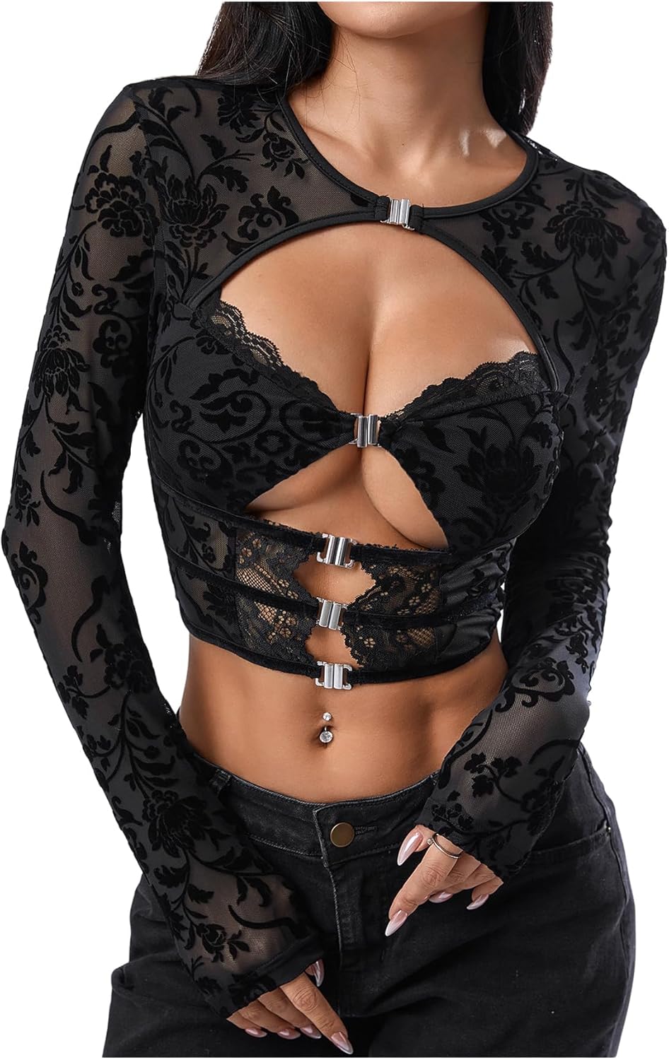 SweatyRocks Women's Y2k Lace Long Sleeve Shirt Cut Out Sheer Crop Tops Sexy Going Out Rave Party Club Top - Image 2