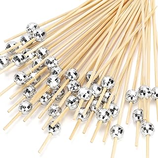 Cocktail Picks, Disco Ball Decorative Toothpicks for Appetizers, Fancy Bamboo Skewers for Appetizers Drinks Food Disco Party Decorations, 4.7 Inch Long Silver Wooden Cocktail Sticks 100PCS