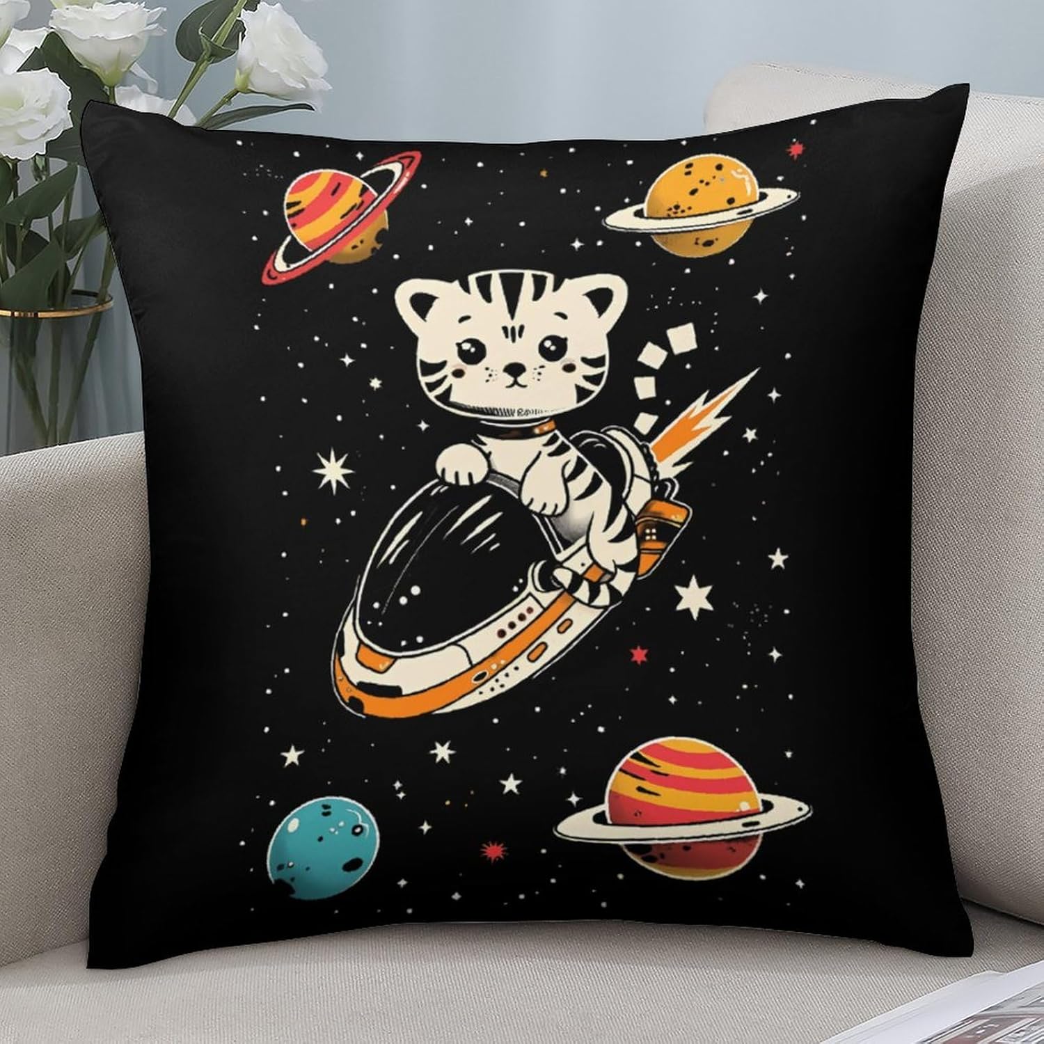 Cat Galaxy Planet Printed Throw Pillow Case 4 Pcs Soft Pillowcases Pillows Covers Sofa Bed Decor 12/14/16/17/18/20/22/24/32 Inches