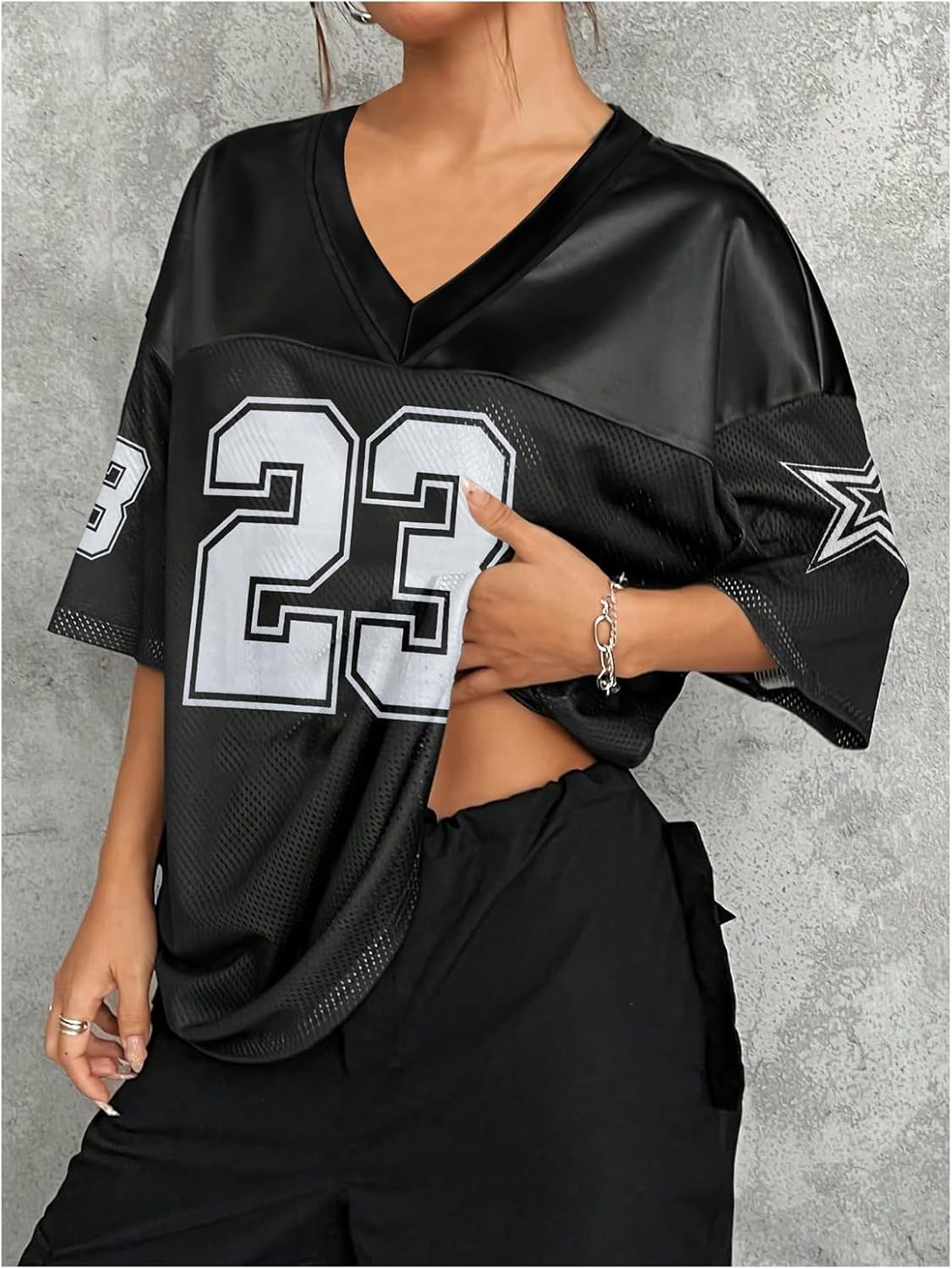 Oversized Jersey Women V Neck Tshirt Number Graphic Tee Y2k Streetwear Short Sleeve Top - Image 7