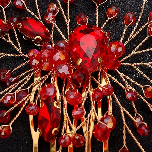 Miniatura 4 de Peines para el cabello de boda para novia, color rojo, diamantes de imitación rojos, peine lateral de cristal, accesorios para el cabello de novia