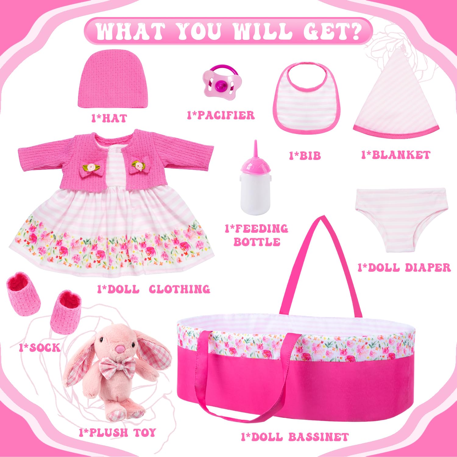 10 Pcs Baby Doll Clothes with Bassinet for 13-16 inch Doll, Baby Doll Reborn Outfit Clothes Accessories Including Bib Nursing Bottle Rubber Pacifier Hat with Peony Pattern