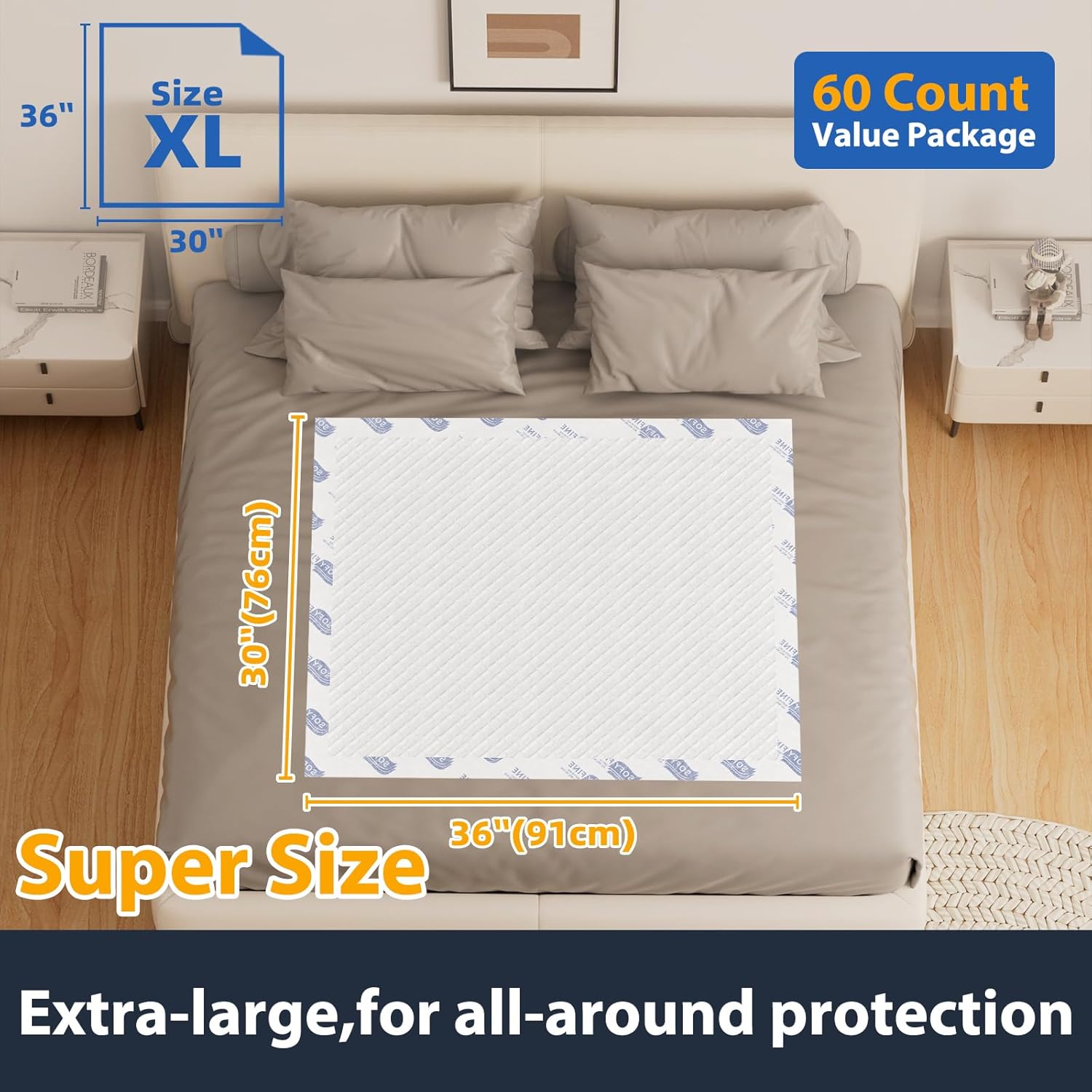 Bundle Total 80 Pads,Tear Resistant Disposable Bed Pads 30"x 36"(60 Count),Extra Large Disposable Bed Pads 36"x 48"(20 Count),10X Super Absorbency Heavy Duty Puppy Training Pads