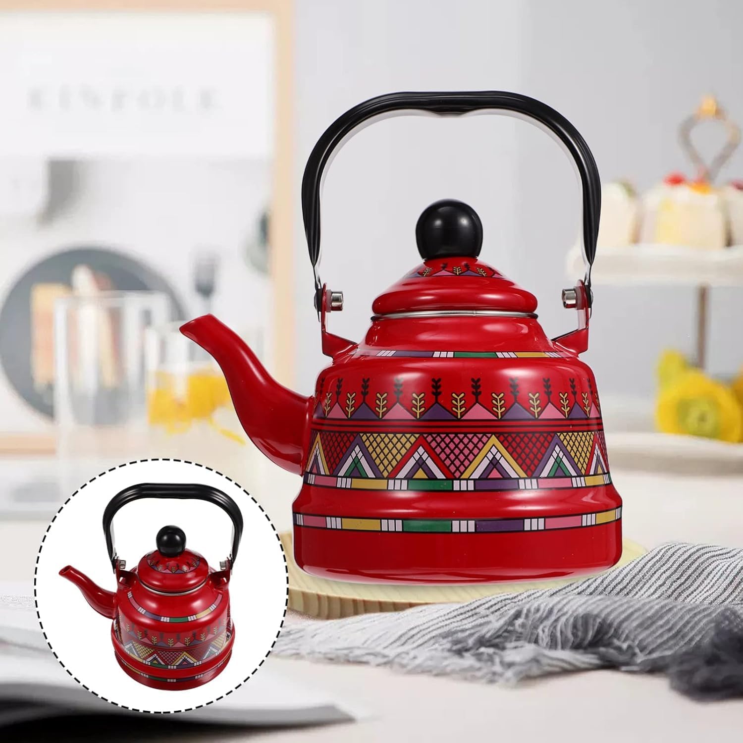 Enamel teapot， Enamel Tea Kettle Vintage Whistling Pot with Handle Fast Boiling Water Pour Over Coffee(Beige,2.5L)