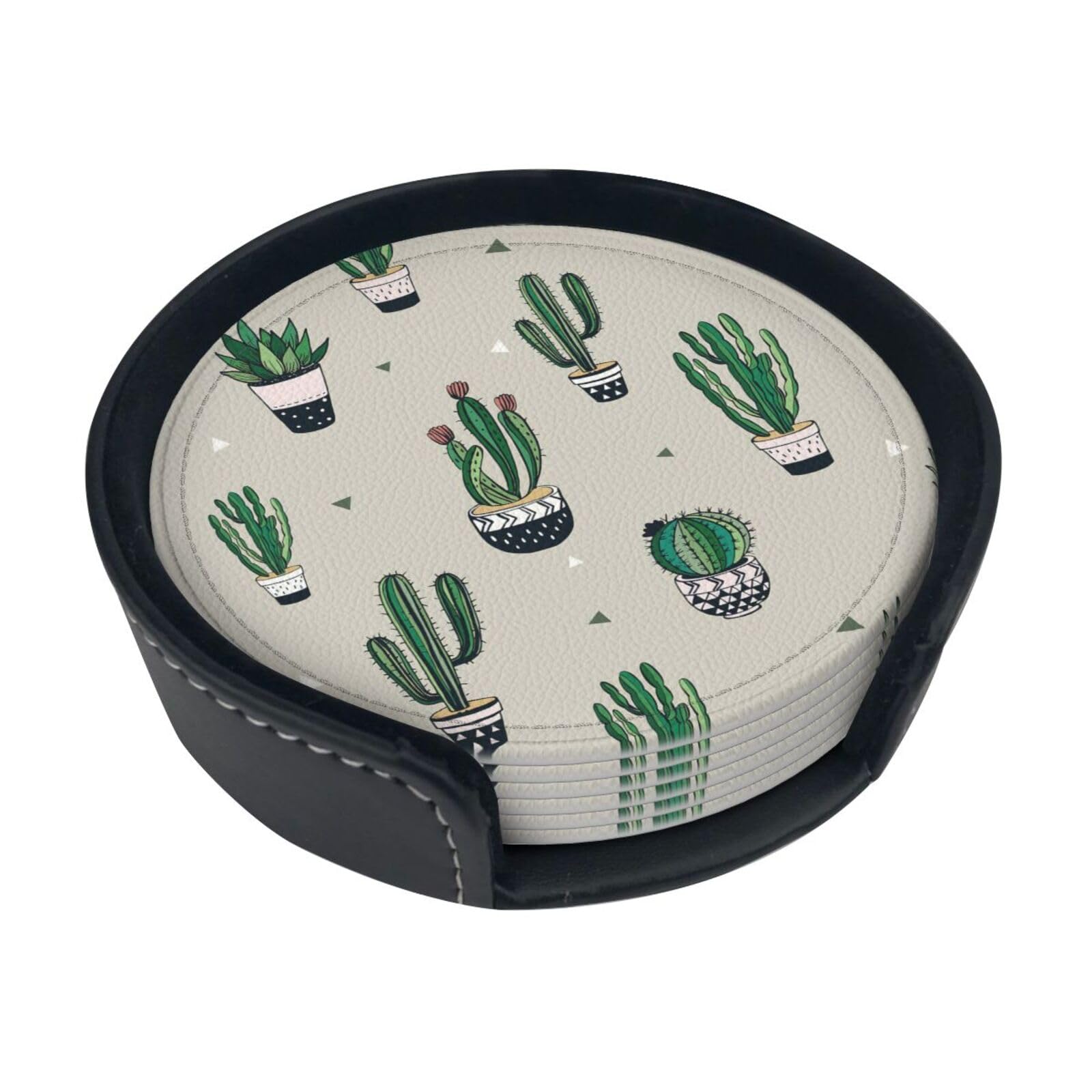 Green Cactus. Print Round Coasters Set Of 6,Coaster For Tabletop Protection Home Bar Decor