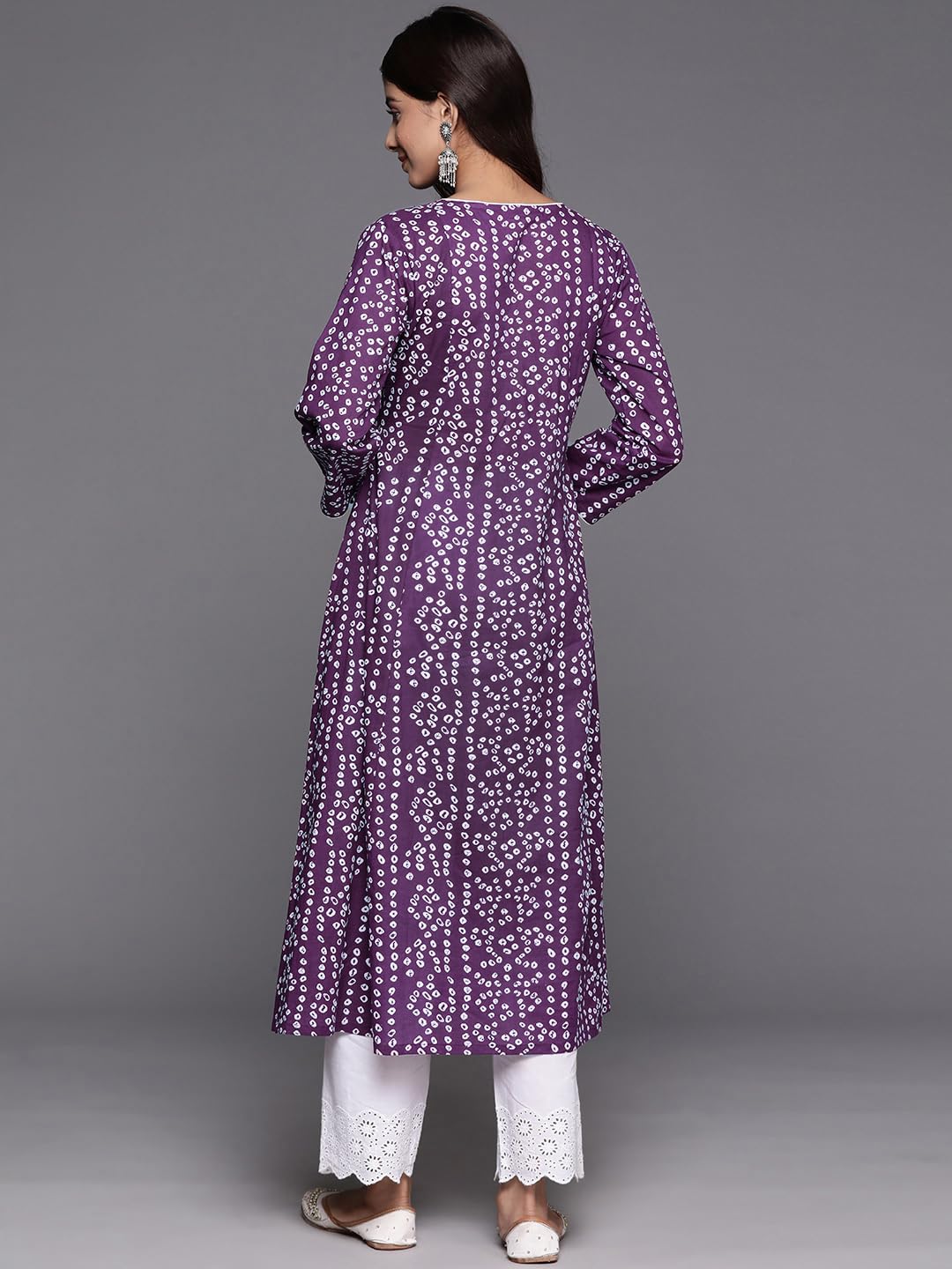 Varanga Women Purple V-Neck Bandhani Print Angrakha Style Anarkali Kurta With Piping Detail For Traditional (Small)