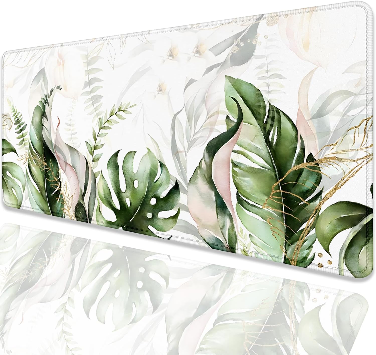 Green Tropical Leaves Mouse Pad Desk Pad,Green Sage Plant Extended Gaming Mouse Mat with Stitched Edges Non-Slip Waterproof Rubber Base Mous Mat for Office Home Game Desk Pad(27.5X11.8 in) - Image 2