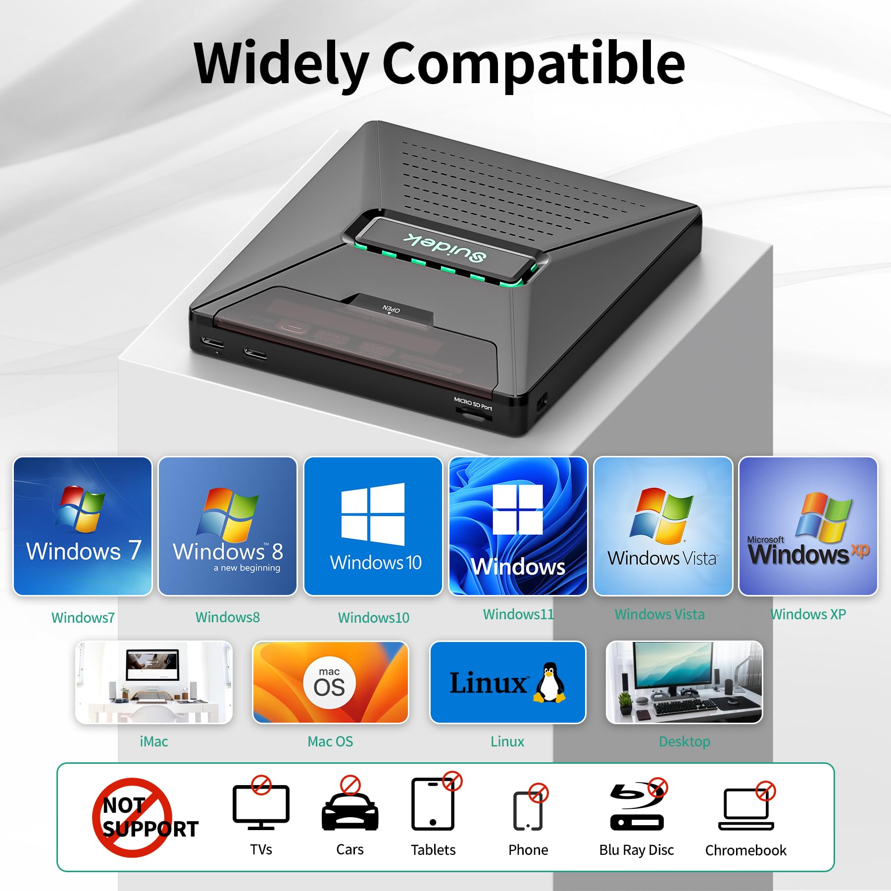 SUIDEK Zewnętrzny napęd CD DVD, przenośny napęd CD DVD +/-RW z nagrywarką z 2,5 "SATA, czytnikiem kart SD i hubem USB A Typ-C-2.0, kompatybilny z laptopem PC