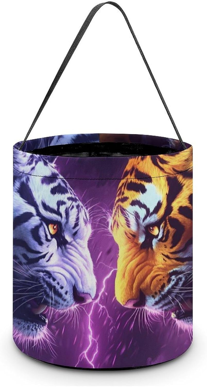 White Tiger And Yellow Tiger Halloween Treat Bag Reusable Candy Basket Tote Goody Bags Gift Party