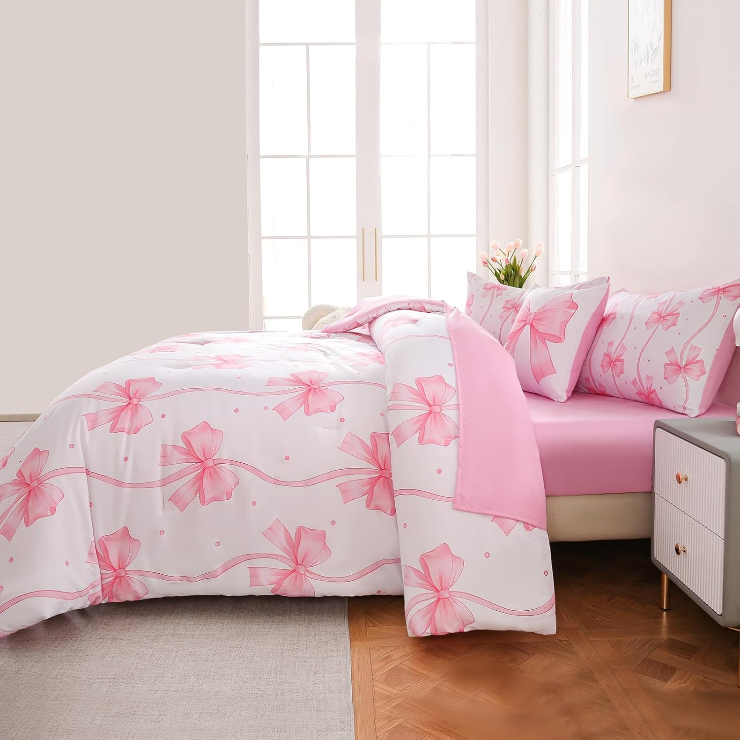 DORCAS Bow Full Size Comforter Set for Girls,6 Pieces Bed in A Bag Pink Bow Bedding Sets with Sheets for Kids - Image 7