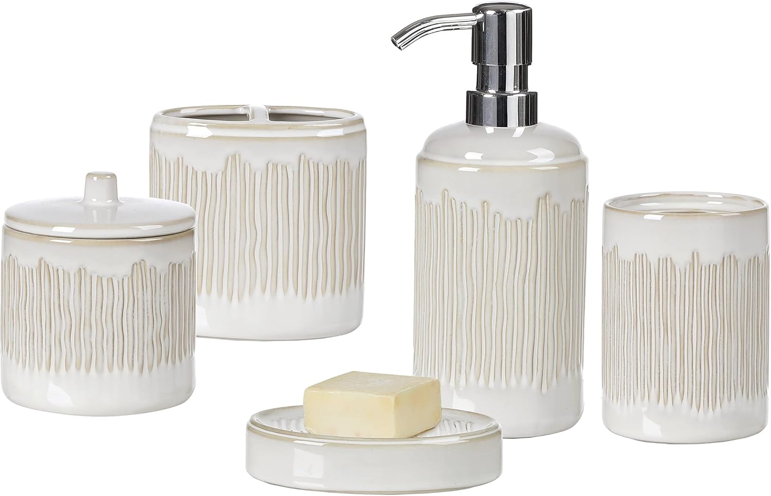 Bathroom Accessories Set, 5-Piece Ceramic Bath Accessory Complete Set with Lotion Dispenser/Soap Pump, Cotton Jar, Soap Dish, Tumbler and Toothbrush Holder (Ivory White)