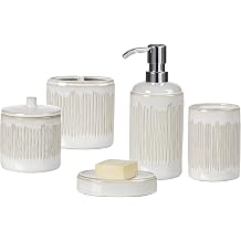 Bathroom Accessories Set, 5-Piece Ceramic Bath Accessory Complete Set with Lotion Dispenser/Soap Pump, Cotton Jar, Soap Dish, Tumbler and Toothbrush Holder Ivory White