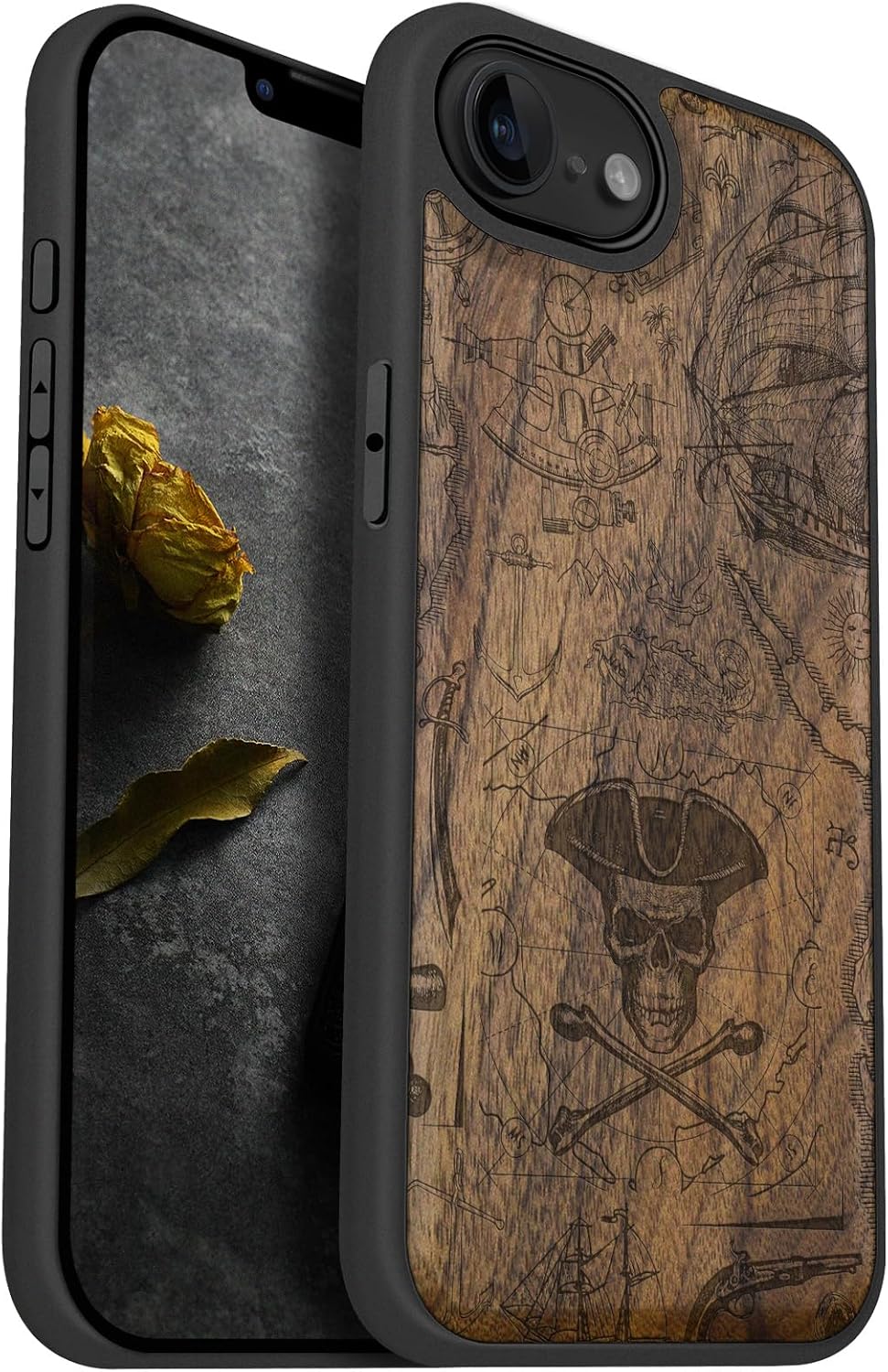 Carveit Magnetic Wooden Case for iPhone 16e / 17e, Solid Wood & Black TPU, Artisan Engraved Design, Shockproof Cover, Compatible with MagSafe Wireless Chargers, Pirate Flag - Walnut