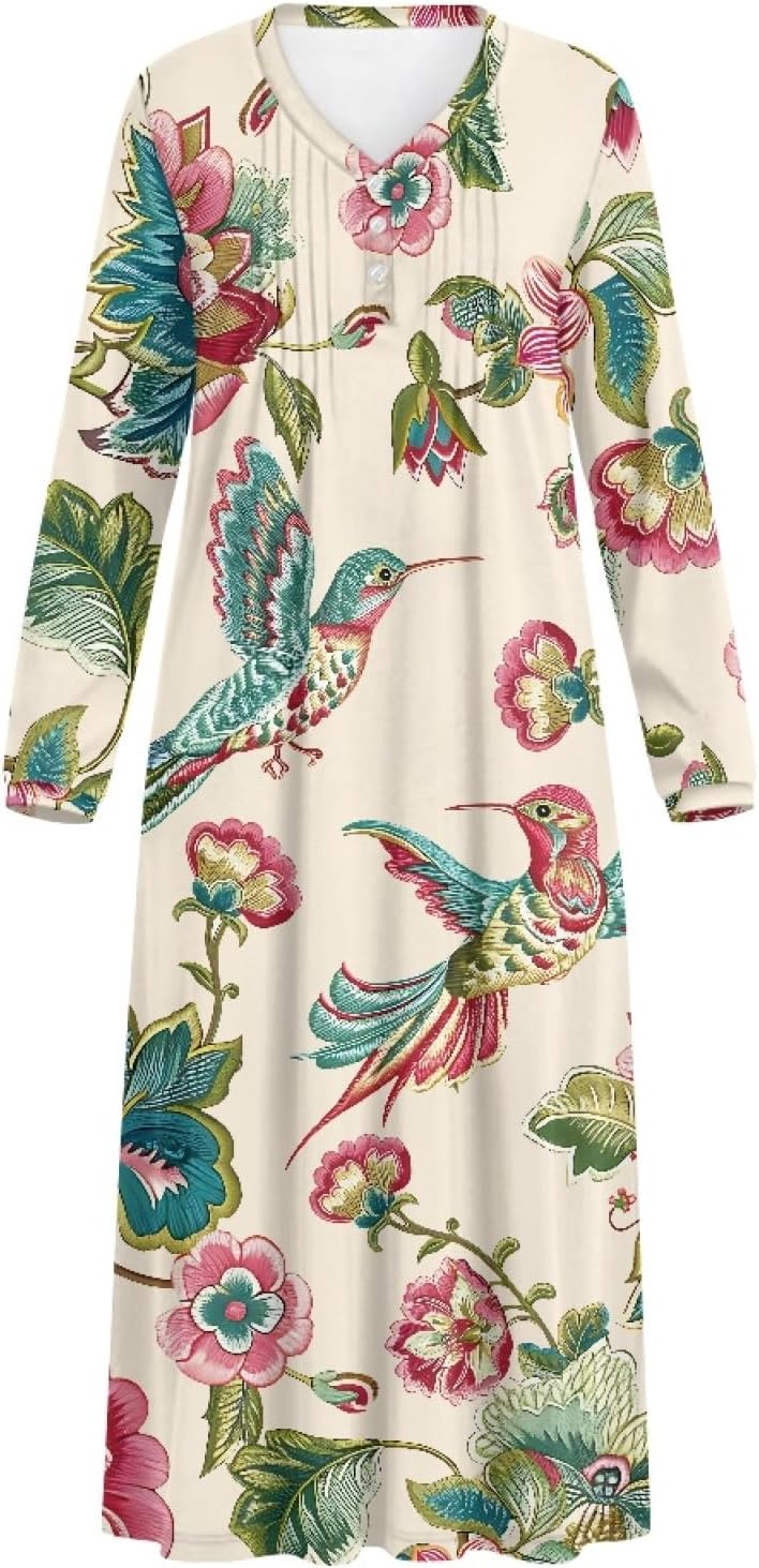 Long Nightgowns for Women Long Sleeve Nightgown Soft Comfy Print Nightshirt Fall Henley Sleep Dress Loungewear