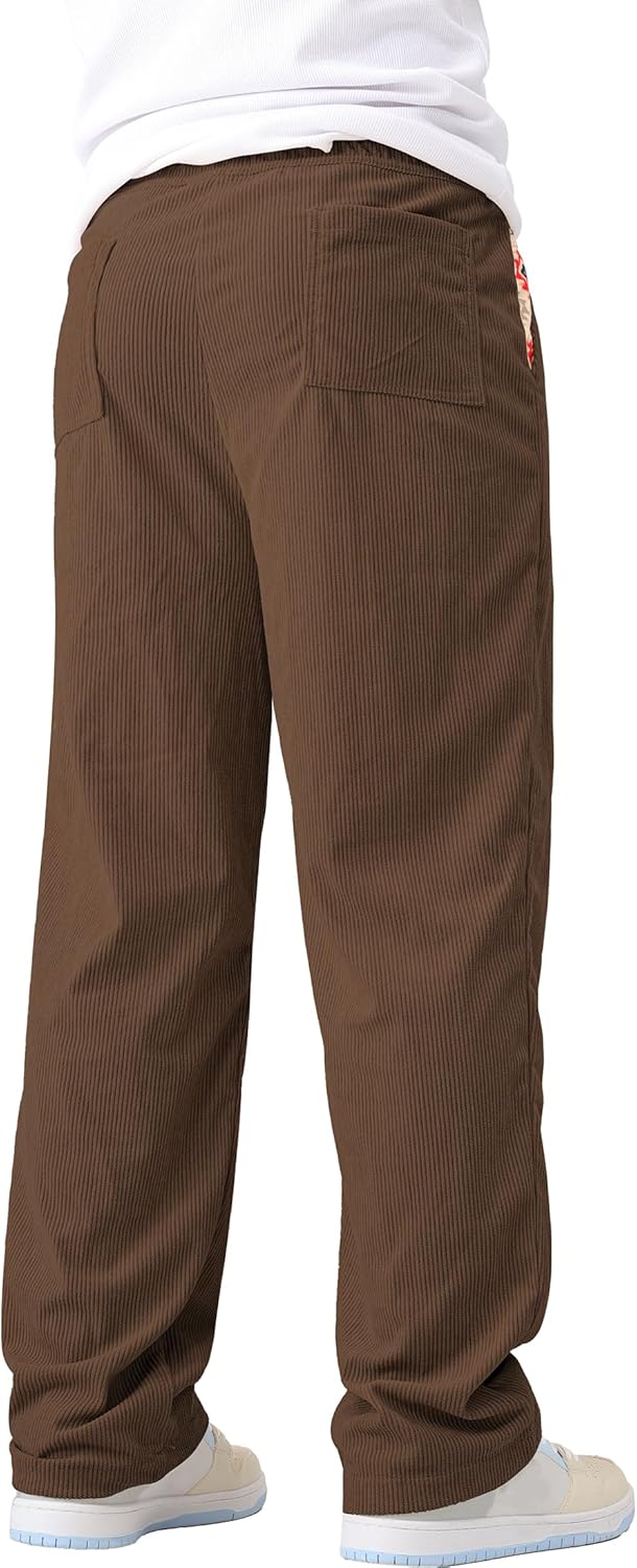 Mens Casual Corduroy Pants Lightweight Elastic Waist Drawstring Pants Straight Baggy Pants with Pockets - Image 3